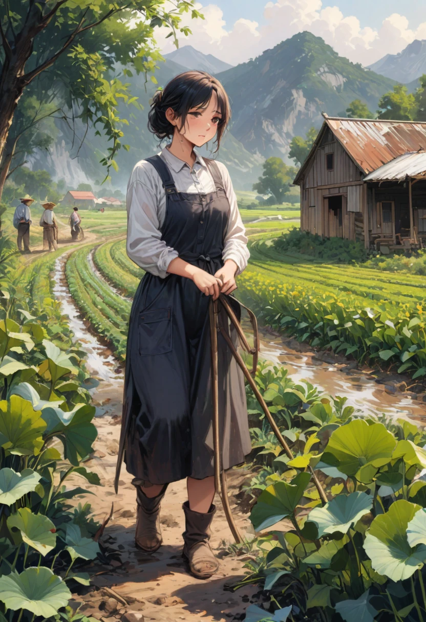 girl, farmer, standing in field, farm working, busy, Wipe sweat, Realistic, (masterpiece, best quality, perfect composition, very aesthetic, absurdres, ultra-detailed, intricate details, Professional, official art, Representative work:1.3), (Animagine:0.01)