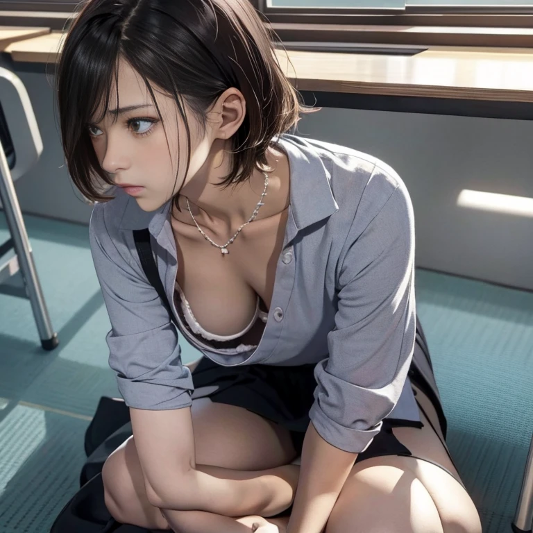 best quality, ultra high res, 8K, RAW photo ,cute school girl, japanese, solo, (((flat chest))),downblouse, small breasts, voluptuous, sexy detailed bra with embellishments,overlap shirts,(high resolution detail of human skin texture), short hair,necklace ,sitting and leaning over, view from above ,slender ,in classroom, , oval face,expressionless 