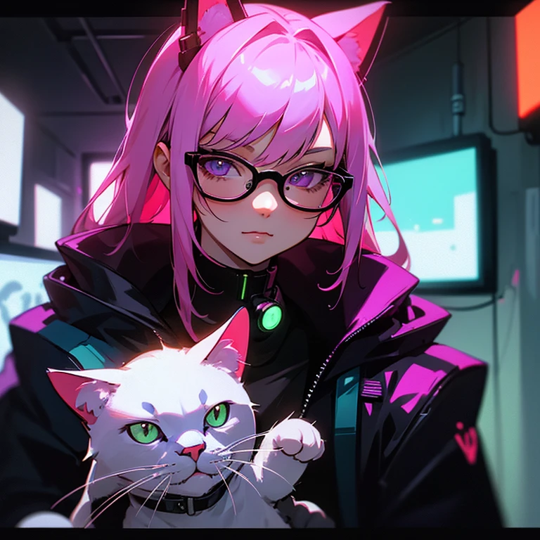 Candid portrait of a cute cat with glasses in the year 2330, cyberpunk, neon lights, 35mm f/2.8