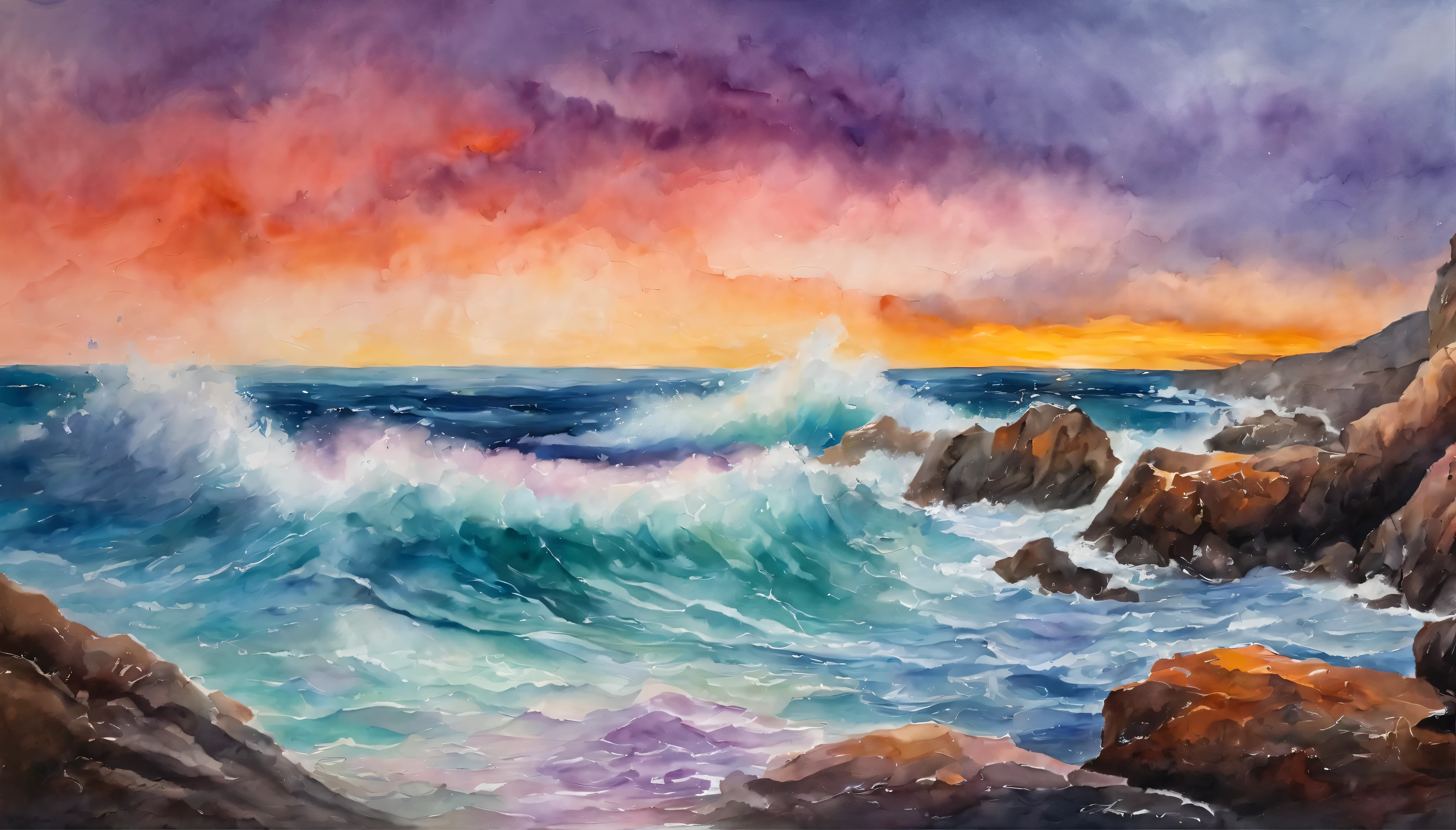 A vibrant seascape scene capturing the raw power of the ocean with waves crashing dramatically upon rugged reefs. Cloudy twilight sky with purple and pink nuances. Realistic sea waters and rock formations. Expressionist light and shadow. Hyperrealistic oil on canvas. Detailed, intricate artwork.