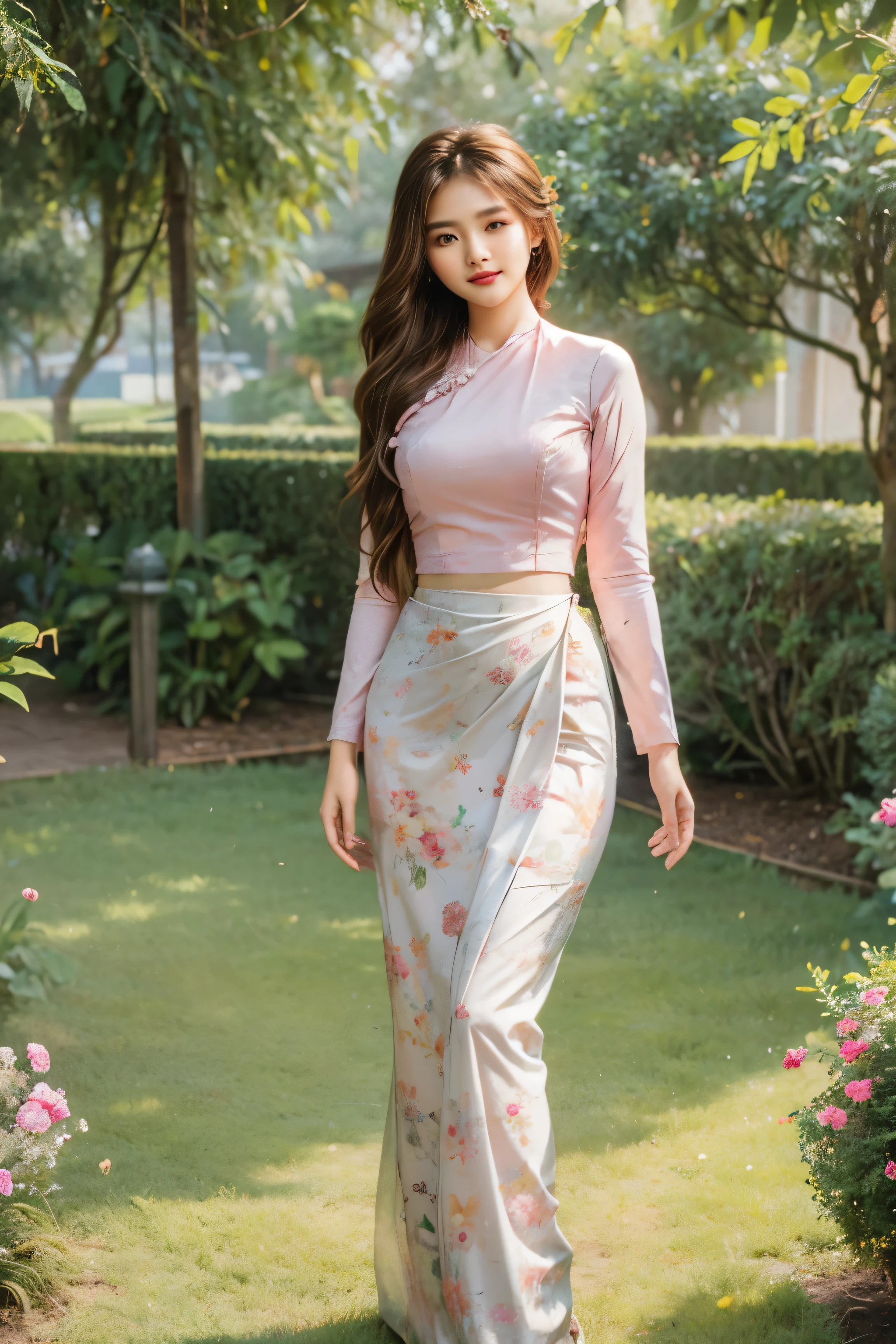 1 girl, solo, seductive look, sensual, elegance and charm, (masterpiece, best quality, high resolution:1.2), looking at the viewer, standing, (intricate and beautiful:1.2), (detailed light:1.2), (soft light , side light), (high resolution textures), outdoor, Burmese girl, acmm ls outfit, wearing acmm top, white acmm top, long sleeves, wearing acmm long skirt, pink acmm long skirt, printed skirt, garden with flowers background, sun light, ((feminine curves)), attractive, Burmese.,acmm ss outfit, light , olive ,Myanmar, Burmese, girl.