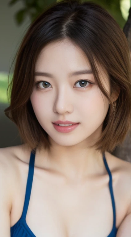 Cherry tree、swimsuit、open chest、I'm not wearing anything inside、whole body、NiziUAYAKA、 4K、1people's women、slender、 Loose wavy styling 、seductive and attractive、Including face and skin texture.,detailed eyes、A soothing expression with a smile