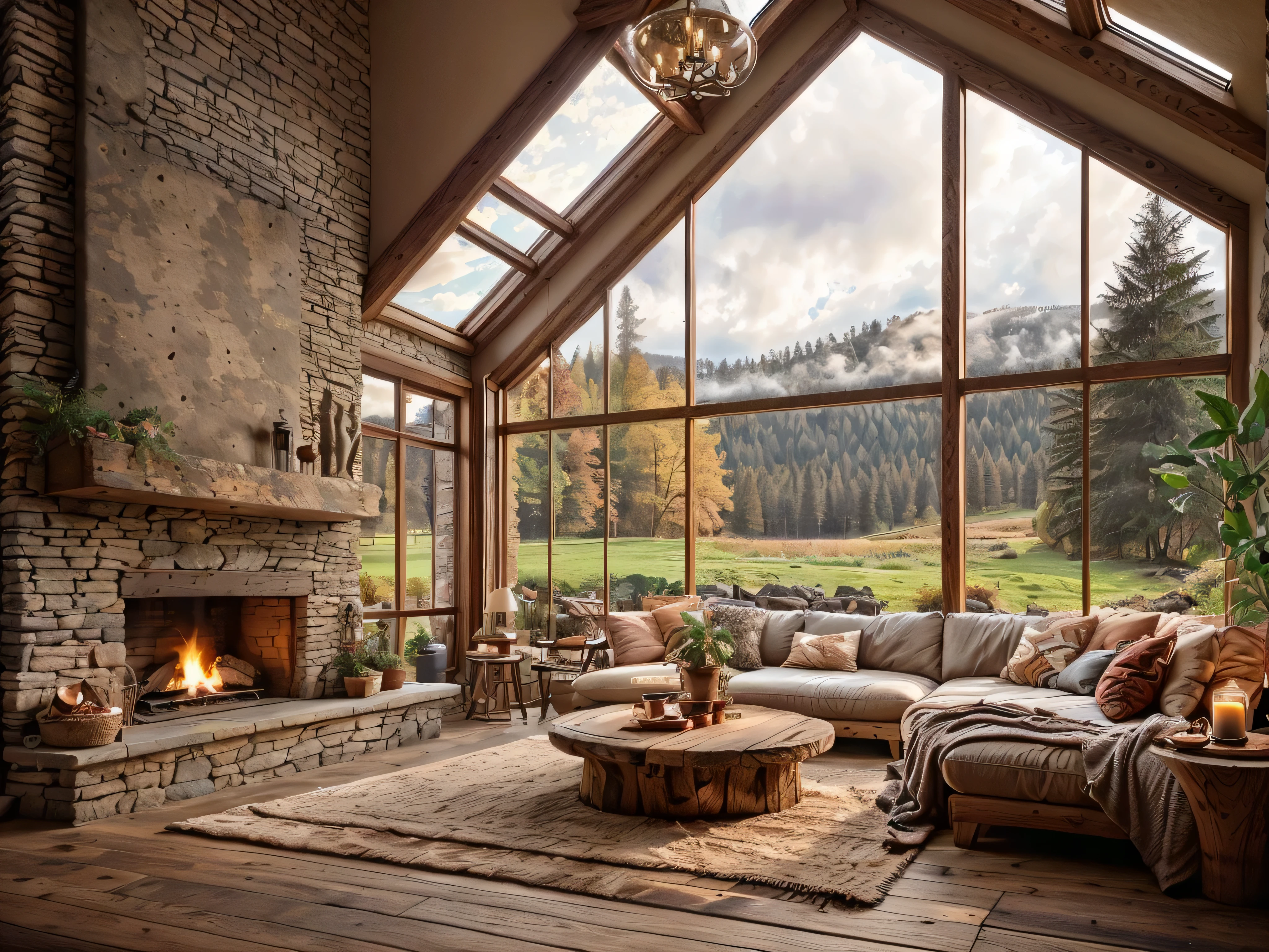 arafed living room with a stone fireplace and large windows, warm interior, cozy living room interior, cosy atmoshpere, cozy place, cozy home background, soothing and cozy landscape, cozy living room, warm living room, warm interiors, detailed natural lighting, cozy contemporary living room, cozy environment, epic natural light, cozy atmospheric, natural window lighting
