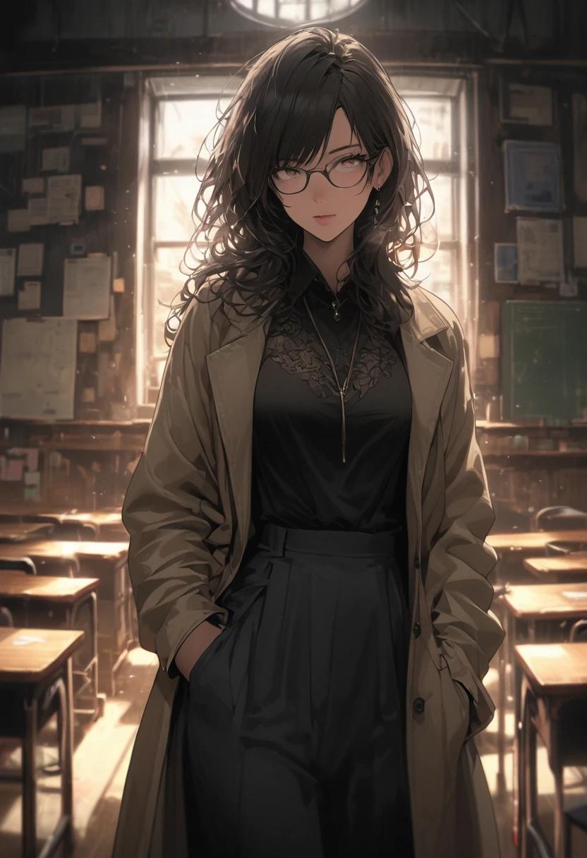 girl, teacher stands in front of the classroom podium, glasses, detailed background, Realistic, best quality, masterpiece, very aesthetic, perfect composition, intricate details, ultra-detailed, Animagine