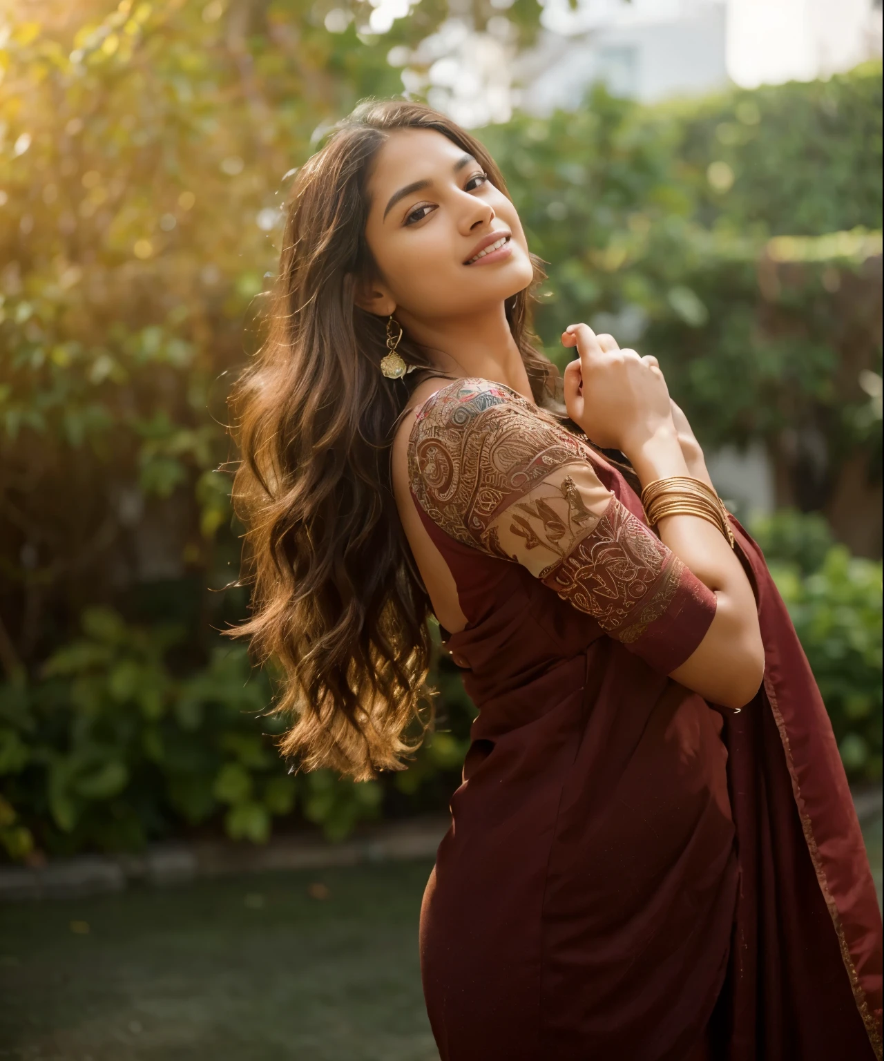 Beautiful ,23 years young Indian girl healthy, confidential looking,8k,realistic, raw photo,dark brown hair,fair skin, indian,long hair,clear facial features,, very detailed, 23years old, innocent face, natural wavy hair, high resolution, masterpiece, best quality, intricate details, highly detailed, sharp focus, detailed skin, realistic skin texture, texture, detailed eyes, professional, 4k, charming smile, shot on Canon, 85mm, shallow depth of field, kodak vision color, perfect fit body, extremely detailed, foto_\(ultra\), photorealistic, realistic, post-processing, maximum detail, roughness, real life, ultra realistic, photorealism, photography, 8k uhd, photography