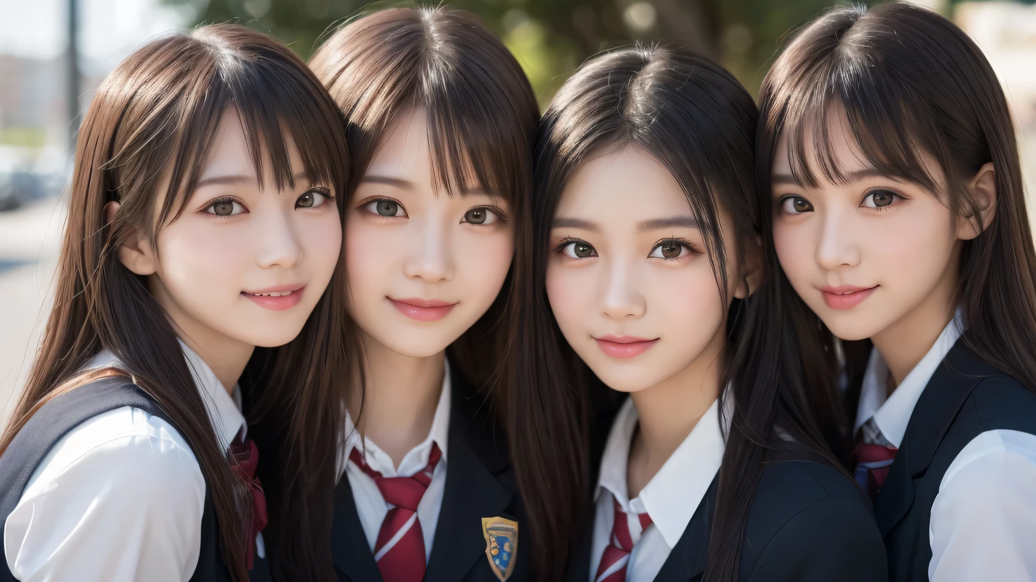 Three girls in school uniforms posing for a picture in front of a tree ...