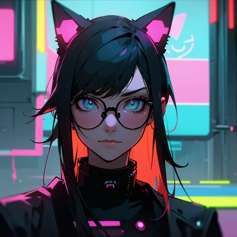 Candid portrait of a cat with glasses in the year 2330, cyberpunk, neon lights, 35mm f/2.8