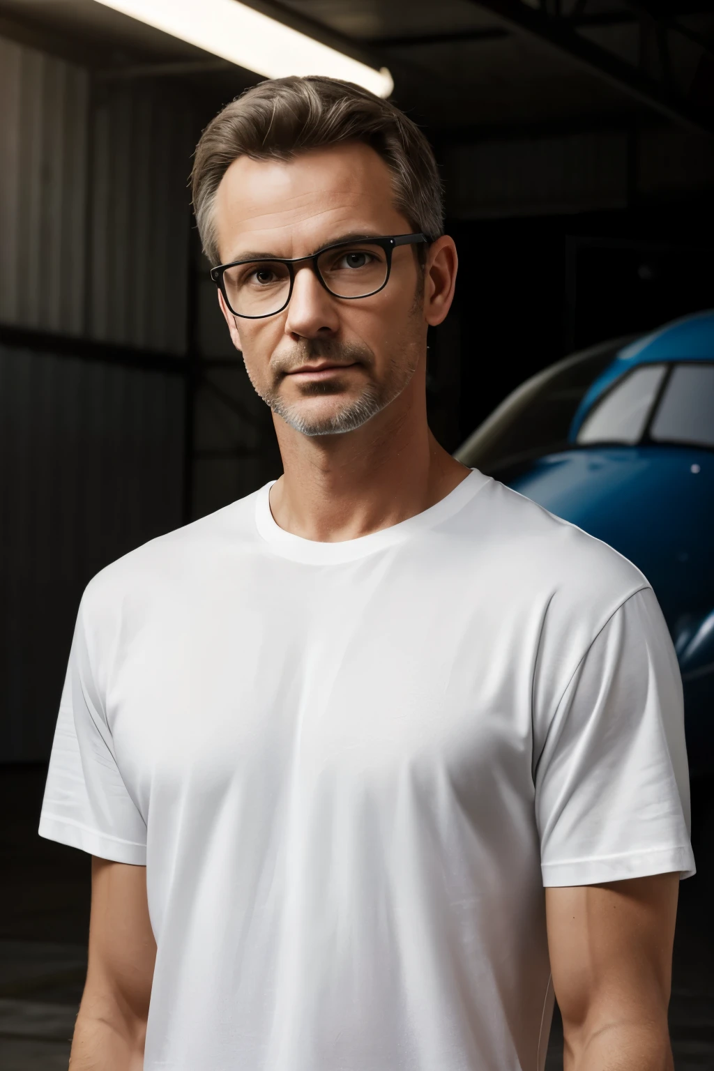 masterpiece, real photo, perfektes face, realistic, masterpiece, foto, studio, man, middle age, slim, nerdy, white t-shirt, posing front of camera, in a hangar, dark light, smooth lighting, t-shirt, normal t-shirt, facing to camera, frontal to camera, matte material, matte fabric