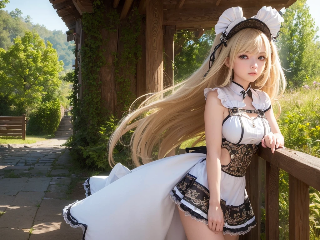 ((masterpiece)), ((best quality)), ((highres)), ((detailed background)), ((extremely detailed CG unity 8k wallpaper)), solo, shiona, blonde hair, long hair, blue eyes, hair tuft, cowboy shot, outdoors, ((maid outfit))