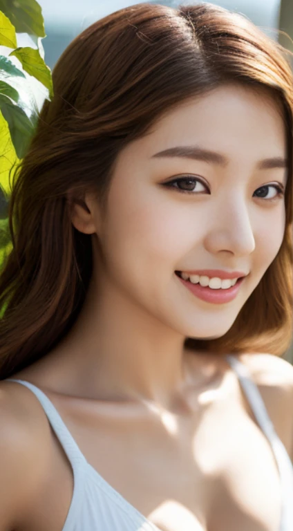 Cherry tree、swimsuit、open chest、I'm not wearing anything inside、whole body、NiziUAYAKA、 4K、1people's women、slender、 Loose wavy styling 、seductive and attractive、Including face and skin texture.,detailed eyes、A soothing expression with a smile