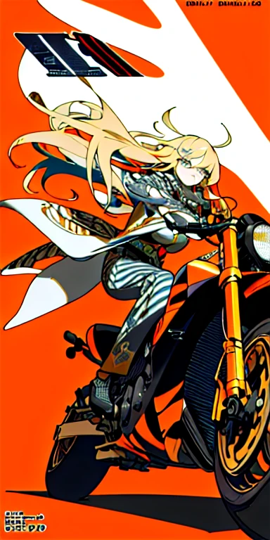 background, mixed-language_text, Japanese letters in graffit, girls, long blonde hair, excellent lighting, sidelighting, perfect ultimate (flat color: 1.3), (magazine_cover: 1.4), (multicolored_background: 1.3), striped_background, card_background, :: comix style by joe madureira :: circular pieces of white metals glued to the ultra detailed arms coming out sparkling shine, perfect and detailed, ultra detailed shirt with abstract design and with Japanese letter print in graffit of the sides of clothing, image of girls with big breast, on top of a futuristic motorcycle, with immersive effects, hover effect, background graffiti style tribal tattoo with flowers and vibrant colors, "ultra HDR" detailed and with focus effect, (masterpiece: 1.2, best quality), (beautiful eyes with huge eyelashes finely detailed: 1.2), , ((Solo)), (Finely detailed eyes and detailed face: 1.3), in various full-body attack poses, (cute background: 1.2),futuristic costume, super detailed circular metals Clinging to the arms and pants, fantastic paintings