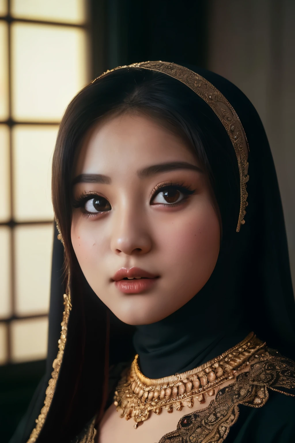 tzuyu, iu, yooa, space, Bellydancer, hijabi, sexy, cleavage, 18 year old javanese hijabi), (highly detailed face:1.4) (smile:0.7) (background inside dark, moody, private study:1.3), nikon d850, film stock photograph ,4 kodak portra 400 ,camera f1.6 lens ,rich colors ,hyper realistic ,lifelike texture, dramatic lighting , cinestill 800,