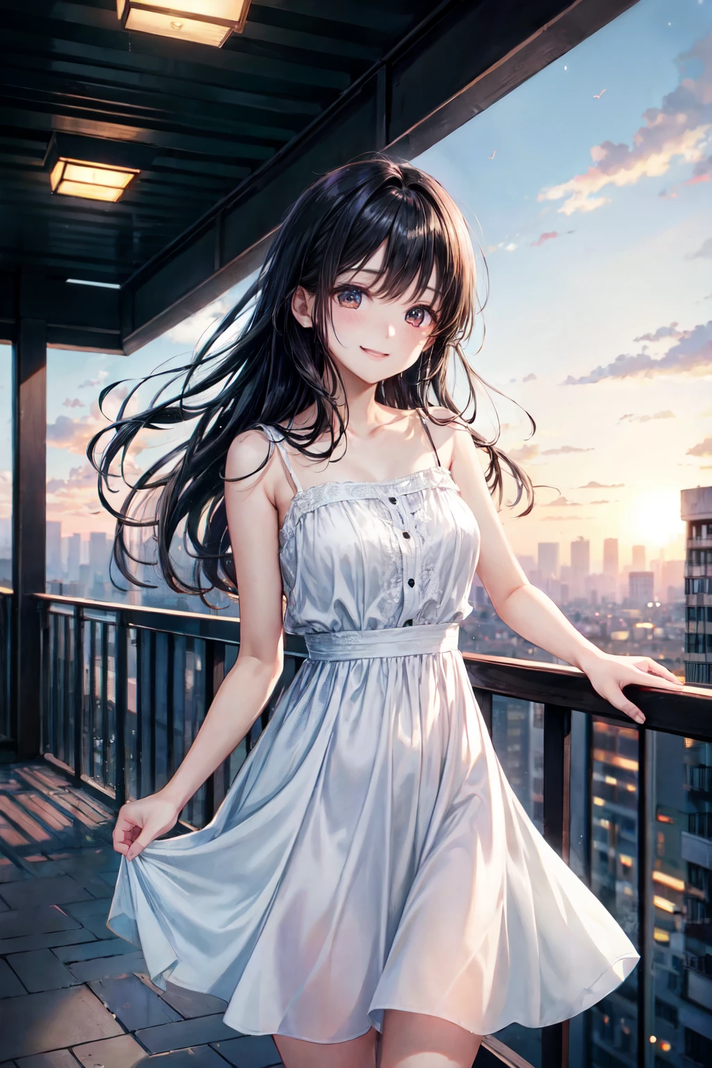 highest quality、cinematic lighting、girl、camisole dress、balcony、Urban cityscape in the background、black hair、embarrassing、smile、daytime、
