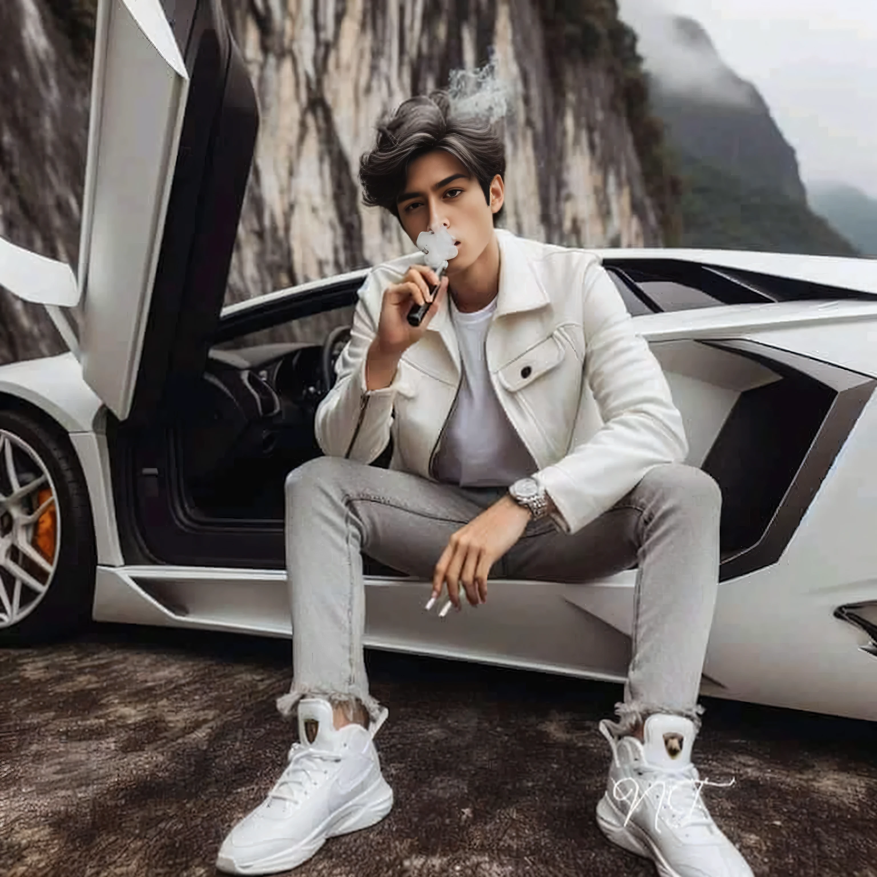 a man sitting on the ground next to a white sports car, cai xukun, flaunting his wealth, white trendy clothes, wearing futuristic white suit, wearing off - white style, luxury lifestyle, dressed with expensive clothes, wearing white suit, fear of god style, miura kentaro style, wearing white sneakers, inspired by Raymond Han, streetwear fashion