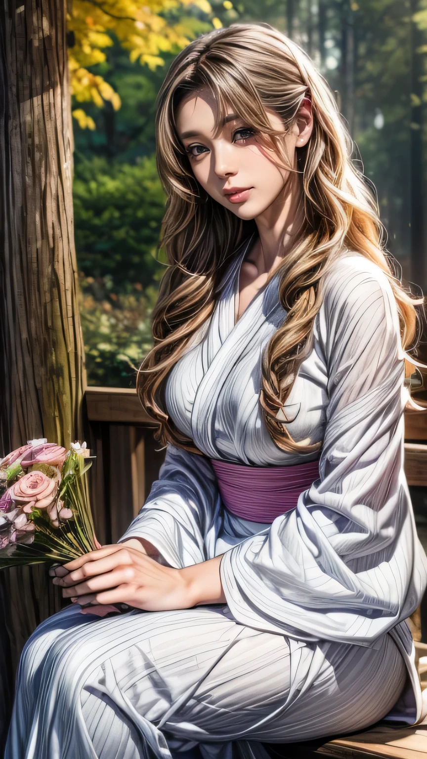 ((holding a bouquet with both hands))､Photographed in a forest of autumn leaves、High resolution photos。Gorgeous young woman posing looking at camera、Surrealistically drawn in Unity 8k。she is slender and curvaceous、Long curly hair flowing down her back、With detailed faces and eyes、It looks like it shines in the dark。((She wore a white patterned bell-sleeve yukata.))、1 girl, ((masterpiece、highest quality、Super fine、High resolution))、4K quality、((Beautiful woman))、22 years old、wet skin、shining eyes、perfect eyes、((Beautiful Nordic girl))、((long wavy hair))、Portrait、(((Wearing a bell sleeve yukata)))、masterpiece、highest quality、Super fine、High resolution))、4K quality、(((sitting)))､((holding a bouquet with both hands))