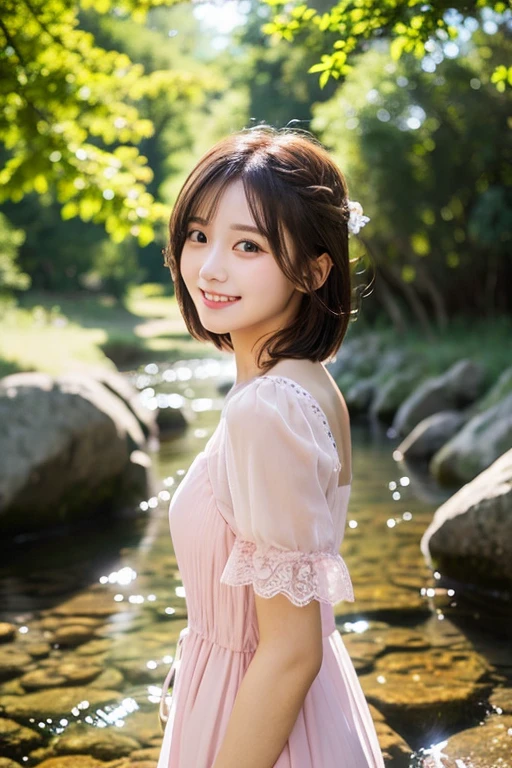  highest quality、Super detailed,、finely、High resolution、beautiful eyes、short hair、hair fluttering in the wind、brunette hair、Standing in the creek、19 year old beauty、Full body photo、cute smile、face light、sheer pink dress