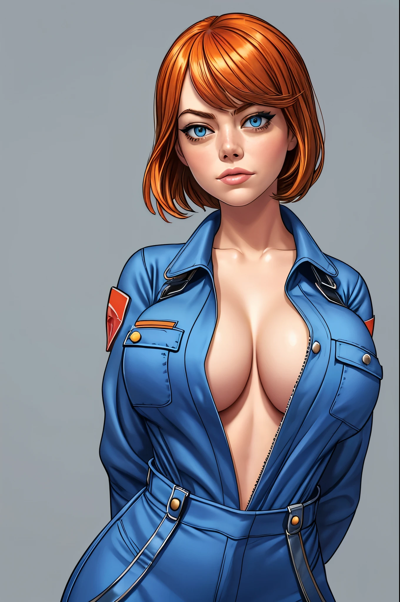 Emma Stone, gorgeous mechanic, blank background, blue coverall, cleavage, no shirt, sfw