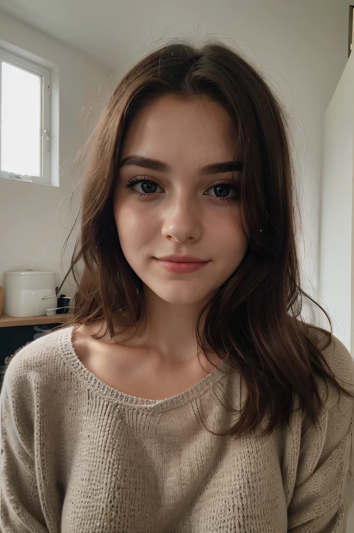 photo instagram, photo de visage en gros plan de 23 ans.o Chloé en pull noir, clivage, pale skin, (sourire:0.4), ombres dures