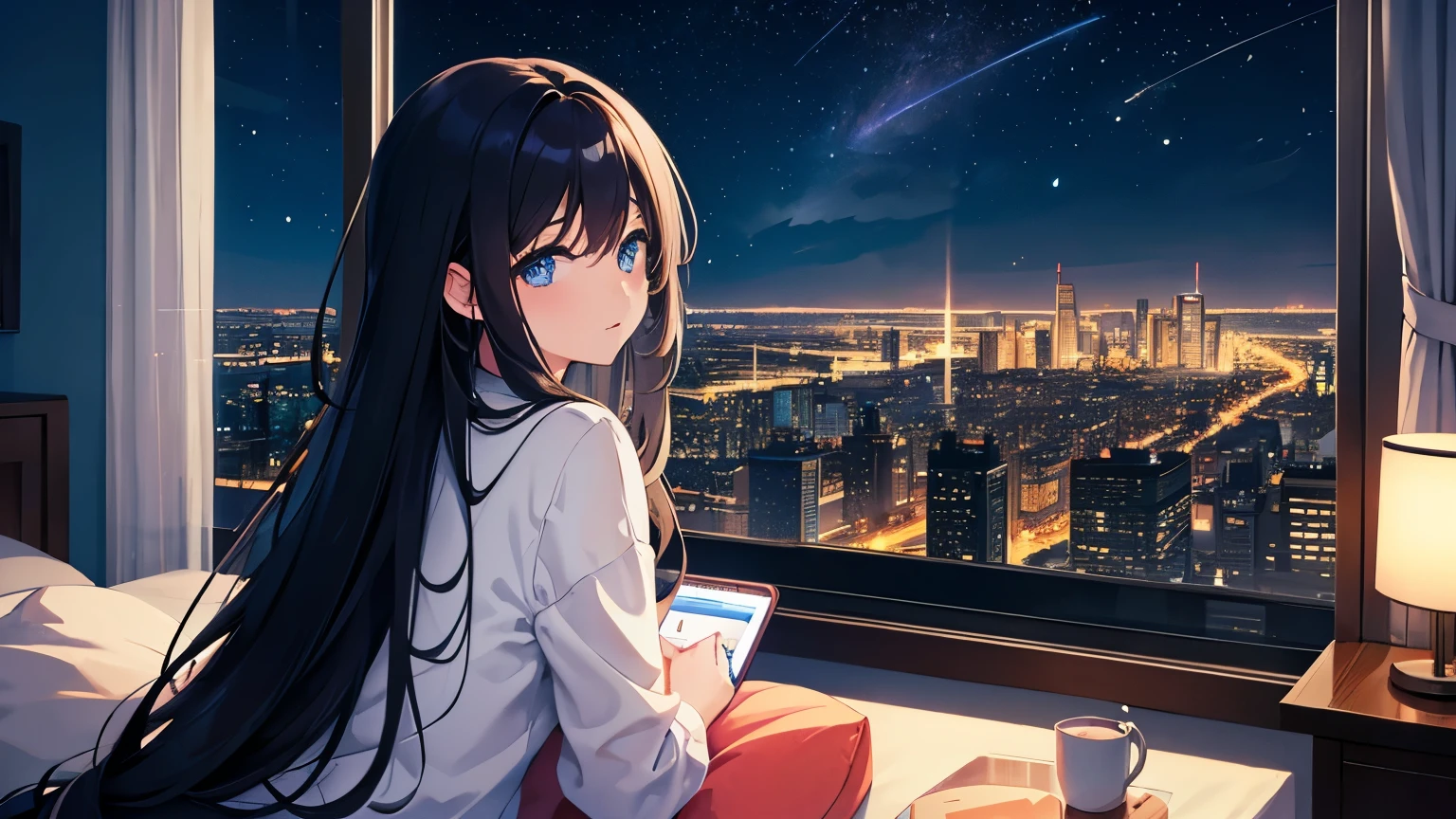 city, Scenery outside the wide window with a night view, night, shooting star, moon, snuggery, girl with long black hair listening to music, Animation Style 2D, high quality