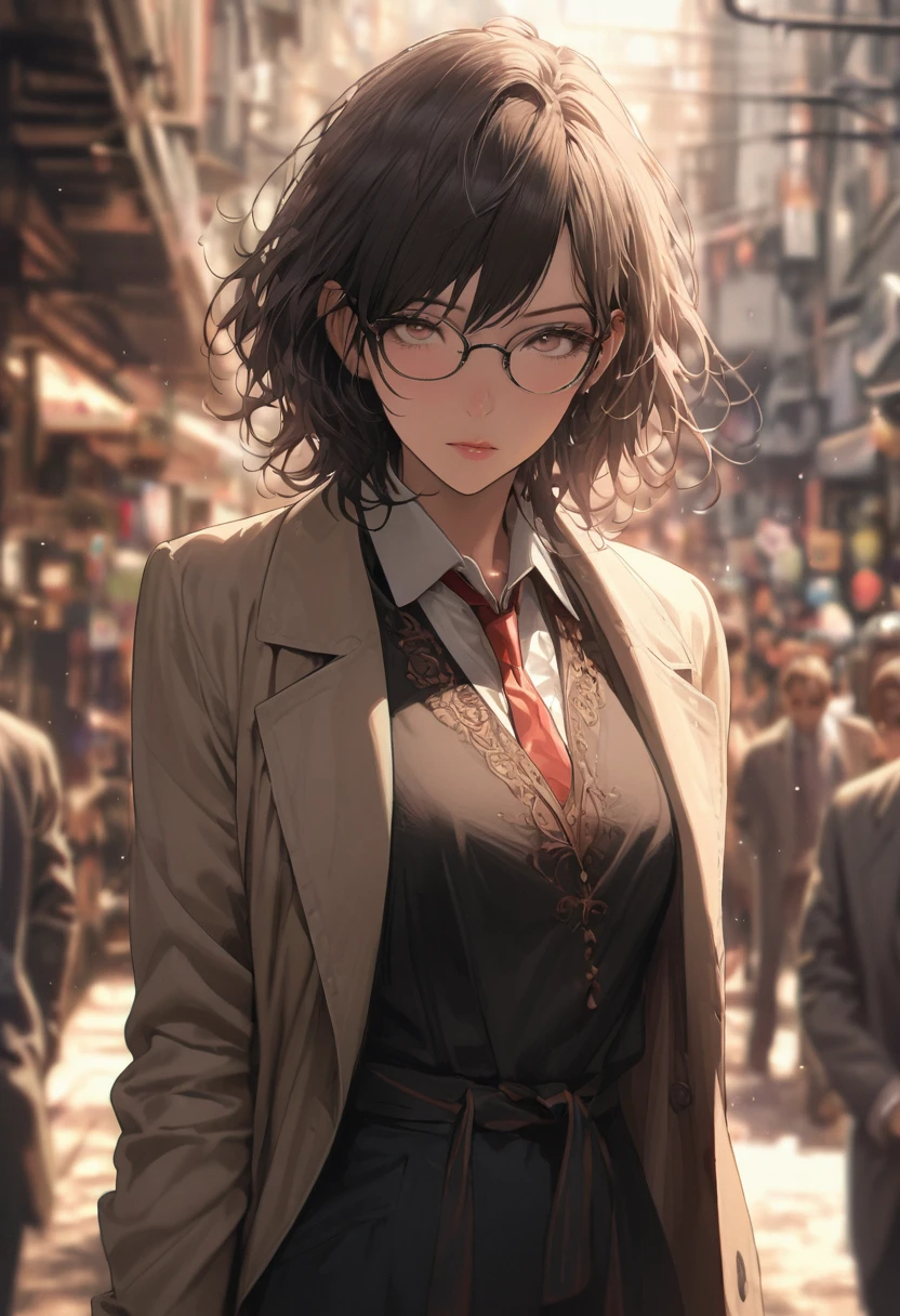 girl, teacher giving a speech at the graduation ceremony, glasses, detailed background, Realistic, best quality, masterpiece, very aesthetic, perfect composition, intricate details, ultra-detailed, Animagine