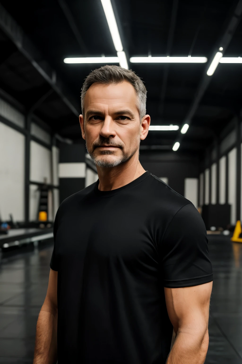 masterpiece, real photo, perfektes face, realistic, masterpiece, foto, studio, man, middle age, slim, nerdy, black t-shirt, posing front of camera, in a hangar, dark light, smooth lighting, t-shirt, normal t-shirt, facing to camera, frontal to camera, matte material, matte fabric