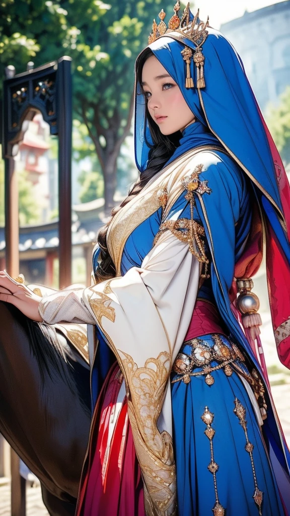 wearing a hijab , luxury hijab crown , black hair, About 15 years old, (golden hijab), masterpiece,best quality,high resolution,8 thousand,((portrait)),(reply),original photo,real photo,digital photography,(medieval fantasy style girl princess), sexy princess ,super big tits, Round big ,((blush)),(medieval fantasy dresses,beautiful extra large round breasts, small waist, Perfect big breasts for a princess body, blue delicate pattern,Little Red Riding Hood),(prince medieval character medieval fantasy style,oc rendering reflection texture, Fighting style, Sexy big , Medieval castle background, Because I'thin, very small waist, ( ((15 Year Old Japanese Girl、cute type))