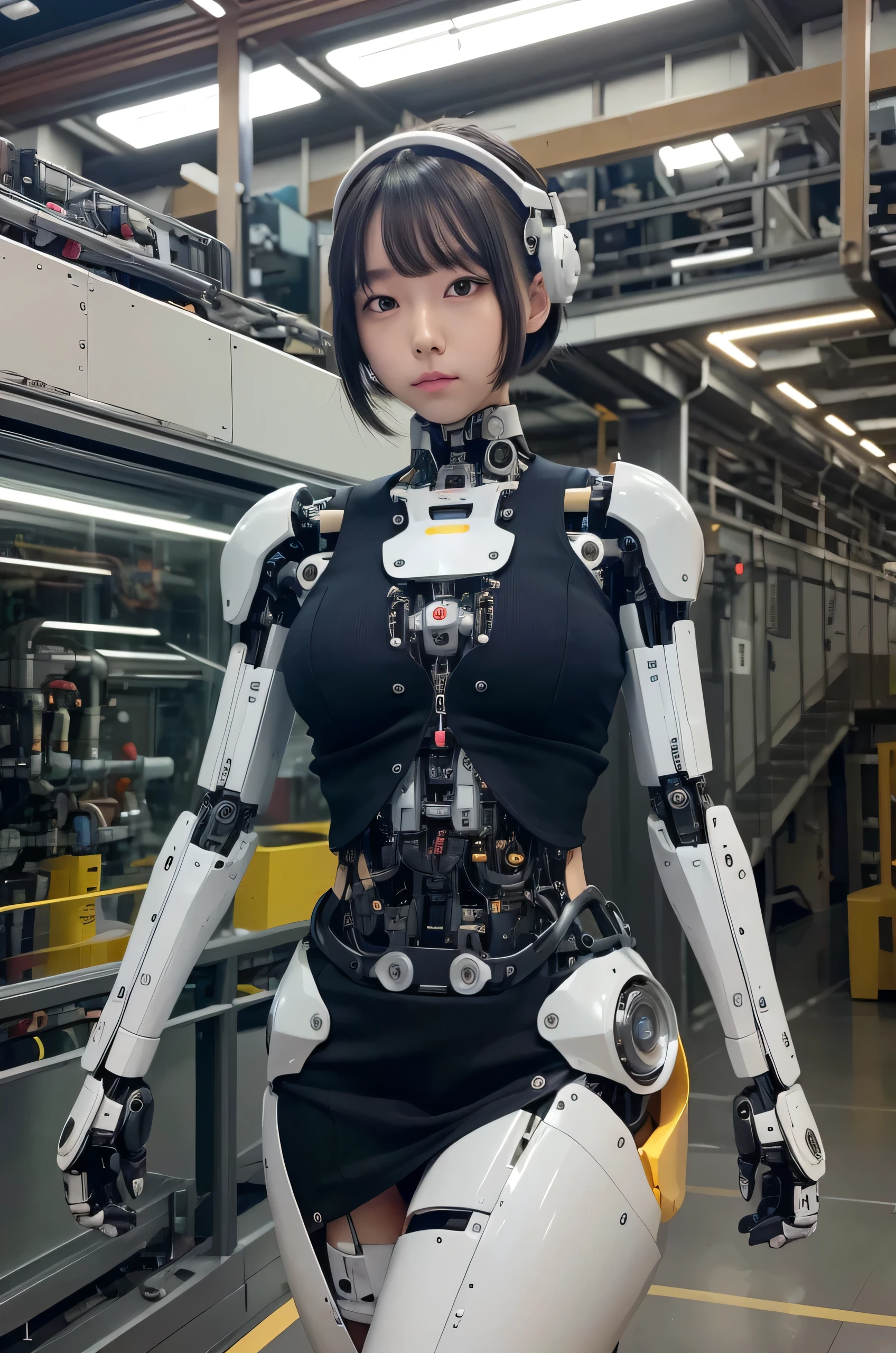 masterpiece, best quality, extremely detailed, Japaese android girl,Plump ,control panels,android,Droid,Mechanical Hand, Robot arms and legs,Blunt bangs,perfect robot girl,white robot body,mechanical neck,long tube,thick cable connected her neck,android,robot,humanoid,cyborg,japanese cyborg girl ,robot-assembly plant,She has assembled now,assembly scene,chest monitor,leather skirt,blue eyes, 
