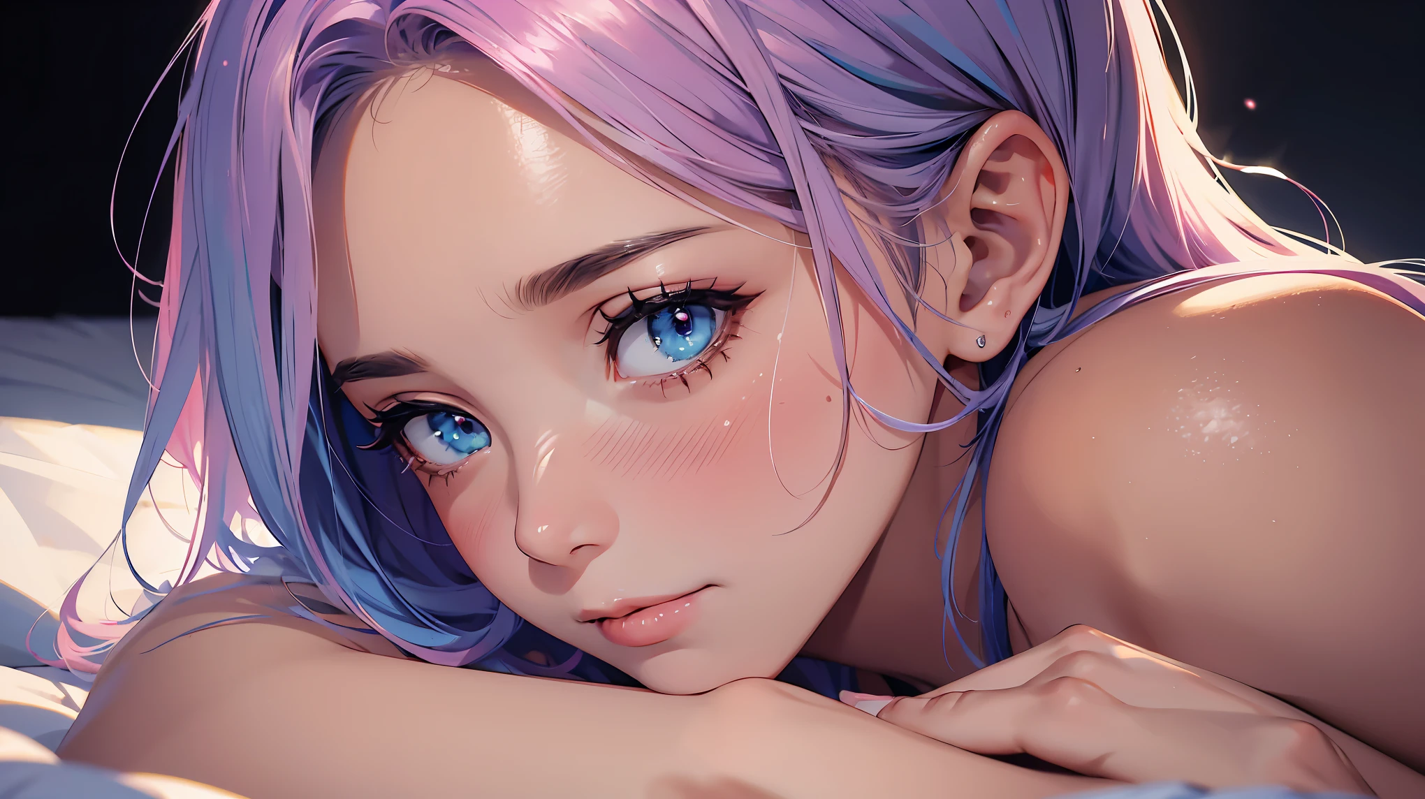 ighly detailed, SFW, portrait, 1 woman, blue pink_hair, nude, Smile, (perfect_Face), boundary, close up, mad, exist_Back, Gorgeous, complex, dramatic lighting, detailed_Background, full_Body, Best hair quality, Extra super detailed eyes, Extra high facial detail, side_body, eye reflection, focus on eyes, detailed top eyelashes, high textured skin, lowexposure, in bed, after do something, sweat, tired, heavy breathing, torogao, light blush, film grain, atmospheric perspective, caustics, 8K, masterpiece