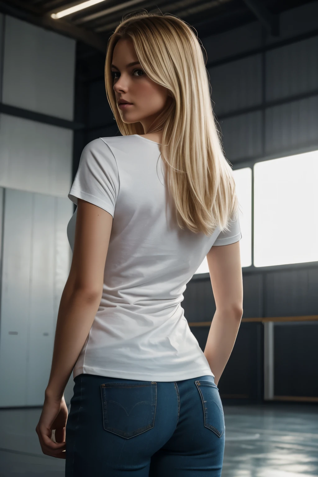 masterpiece, real photo, realistic, masterpiece, foto, studio, blone man, blonde, young, slim, white t-shirt, posing with back to camera, in a hangar, dark light, smooth lighting, t-shirt, normal t-shirt, showing her back, backwards to camera, matte material, matte fabric