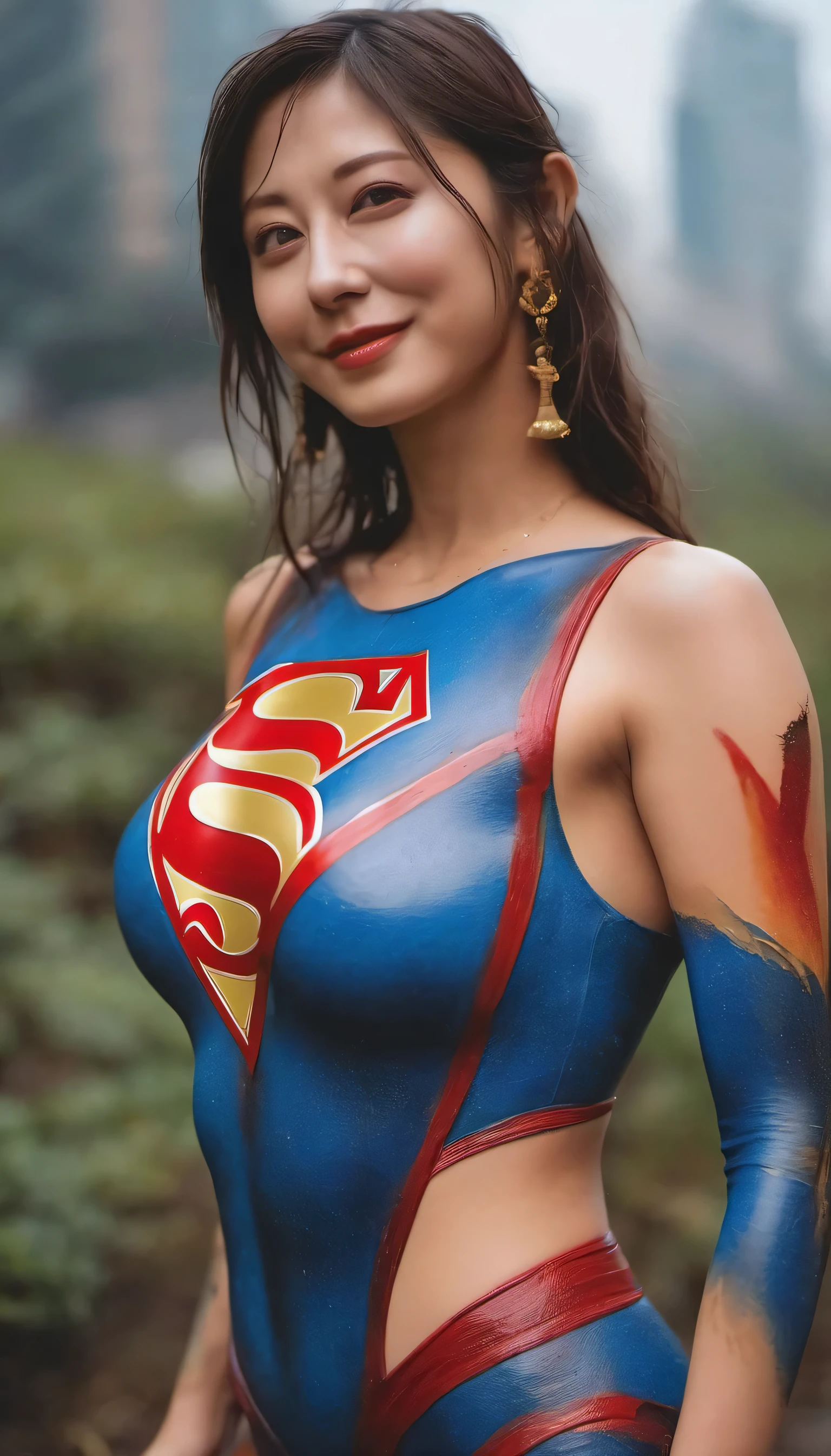 (Highest image quality, realistic depiction),(Body slippery with lotion,sweaty body),artistic nude art,(Beautiful woman with blue and red Superman body paint. The rain washes away the body paint and reveals the naked body.),Colossal tits,((best character depiction,beautiful nude body))