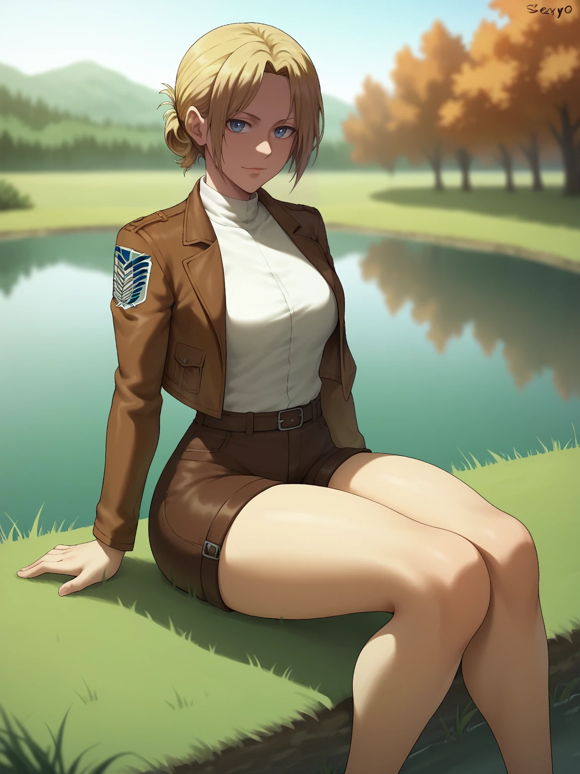 score_9,score_8_up,score_7_up, shexyo, shexyo style, attack on titan, annie leonhart, front view, thighs, thigh focus, leather shorts, white shirt, brown shorts, brown jacket, open jacket, outdoors, lake, grass, sitting on ground, sitting, nature, autumn, fall(season), by the lake, feet in lake