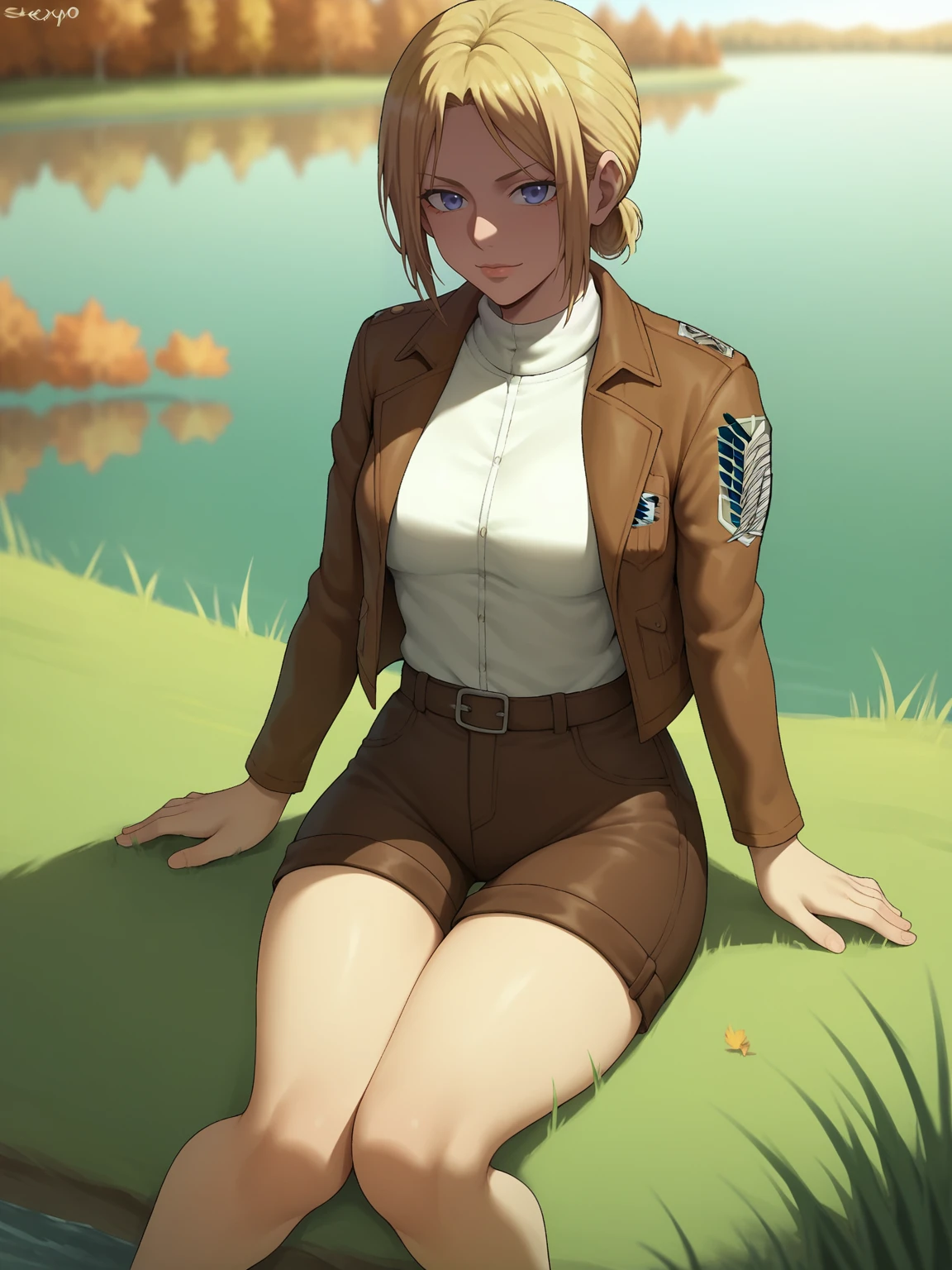 score_9,score_8_up,score_7_up, shexyo, shexyo style, attack on titan, annie leonhart, front view, thighs, thigh focus, leather shorts, white shirt, brown shorts, brown jacket, open jacket, outdoors, lake, grass, sitting on ground, sitting, nature, autumn, fall(season), by the lake, feet in lake