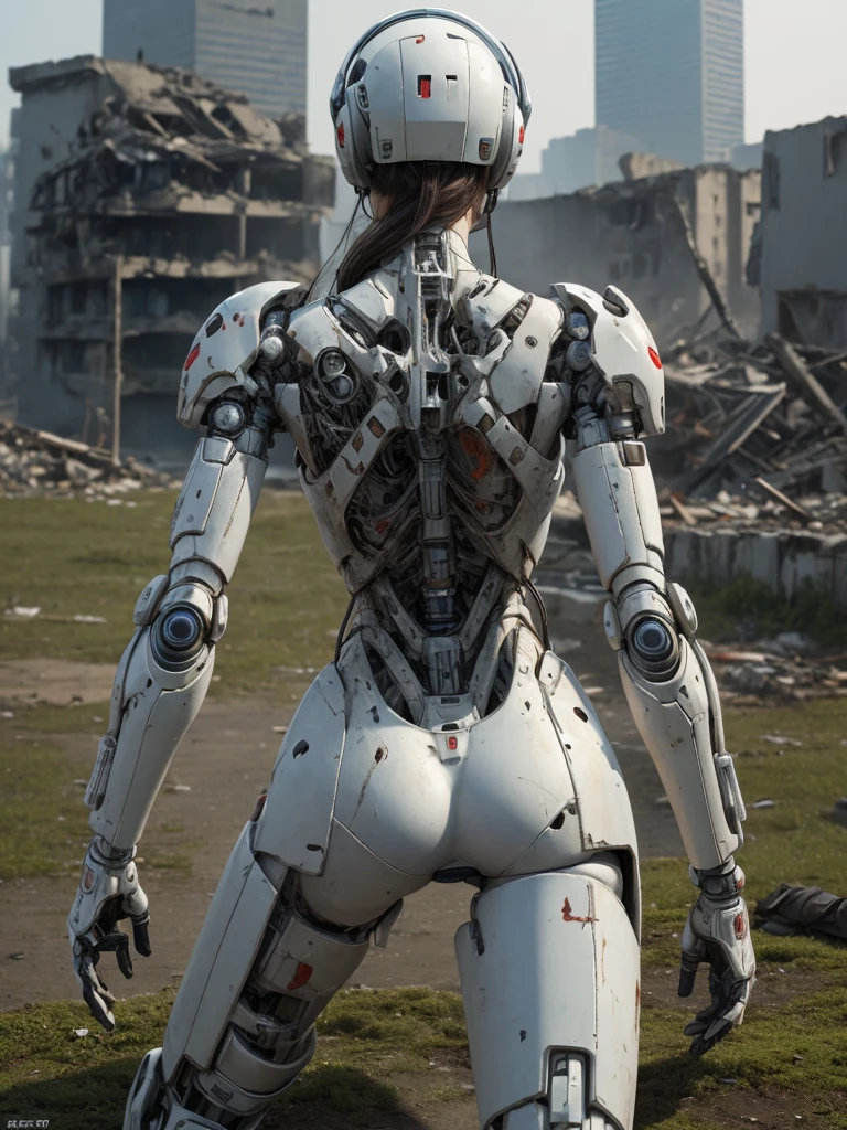 ((masterpiece, highest quality, Highest image quality, High resolution, photorealistic, Raw photo, 8K)), Abandoned robot soldier on battlefield, broken and immobile, rust and moss showing passage of time, female cyborg body, female body, biomechanical , extra detailed body, blowjob white mech, white biomechanical details, detailed body, shiny white armor, cybernetic body, eva unit-00 on back, full body details, detailed destroyed City in the background