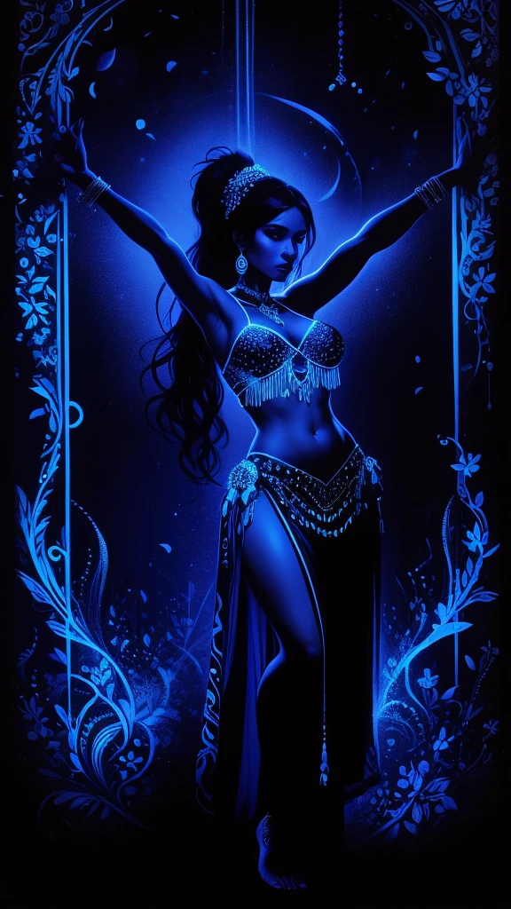 blacklight, silhouette of a beautiful belly dancer, full body view