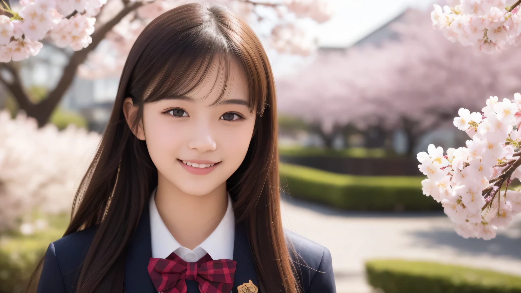 (1girl), (17yo), (young face:1.2), shy smile, (Best Quality:1.4), (Ultra-detailed), (extremely detailed beautiful face), Amazing face and eyes, brown eyes, (highly detailed Beautiful face), (high school uniform:1.2), (extremely detailed CG unified 8k wallpaper), Highly detailed, High-definition raw color photos, Professional Photography, Realistic portrait, Extremely high resolution, cute smiling, Cherry blossom trees,