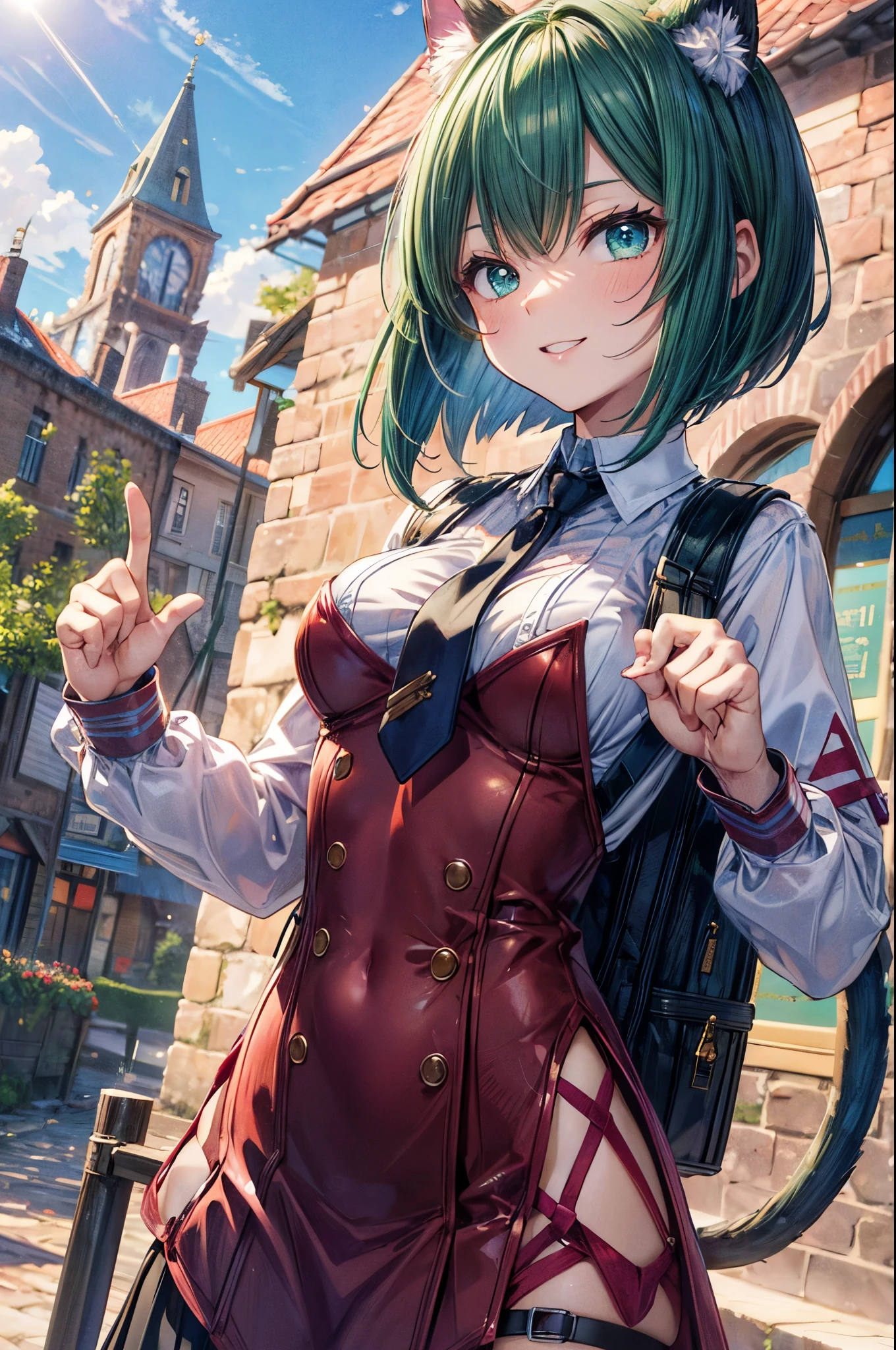 ((school uniform)), mechanical knee joint, ((triangle shaped tie)), ((deltamon_beta:1.5)), (carrying a backpack), (a tail growing from the butt), break, short hair, ((green hair1.5)), (cat ears a green), bob cut, (((4 defined fingers))), (((1 defined thumb))), (looking at viewer), break, sexy, ((solo)), (1 woman), ((25 years old)), ((highest quality)), ((masterpiece)), (familiar), skindentation, perfect face, 8k , upper body, break, break, blue eye, beautiful princess, smile, ((medium breasts)), perfect limbs, (visible nipples:0.6), (camel toe:0.4), sexy, (sexy pose),, (dutch angle), dynamic pose, standing on top of a castle and looking down, The townscape is spreading out, sunny spring day,