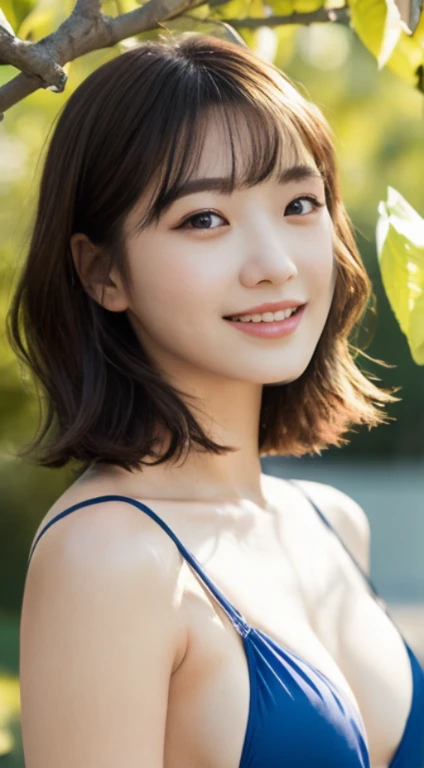 Cherry tree、swimsuit、open chest、I'm not wearing anything inside、whole body、NiziUAYAKA、 4K、1people's women、slender、 Loose wavy styling 、seductive and attractive、Including face and skin texture.,detailed eyes、A soothing expression with a smile