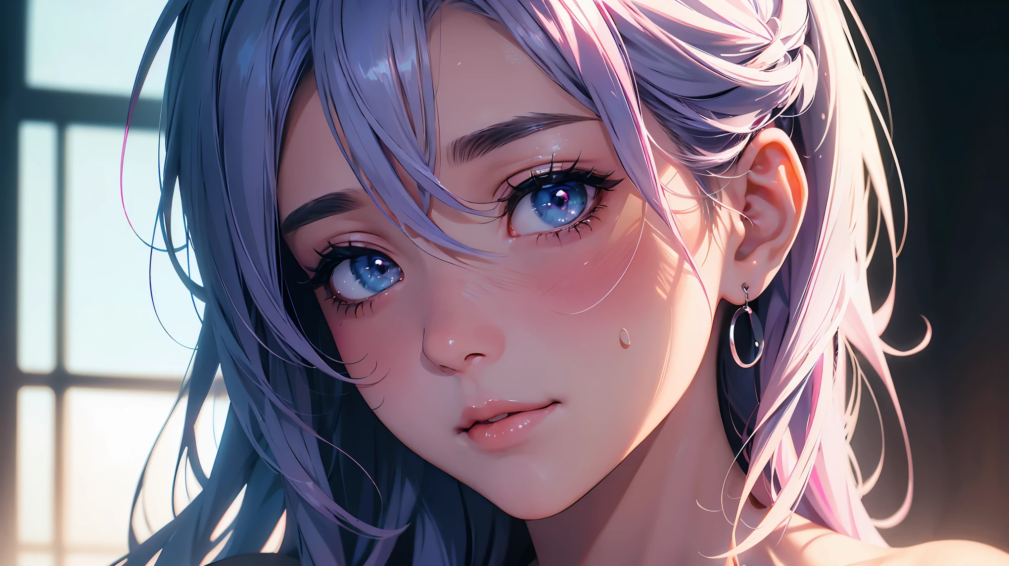 highly detailed, SFW, portrait, 1 girl, blue pink_hair, nude, Smile, (perfect_Face), boundary, close up, mad, exist_Back, Gorgeous, complex, dramatic lighting, detailed_Background, full_Body, Best hair quality, Extra super detailed eyes, Extra high facial detail, side_body, eye reflection, focus on eyes, detailed top eyelashes, high textured skin, lowexposure, after do something, sweat, tired, heavy breathing, torogao, light blush, film grain, atmospheric perspective, caustics, 8K, masterpiece