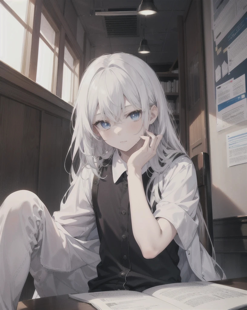 A young boy with long white hair and captivating blue eyes, sitting in a high-classroom, engrossed in studying. The scene is realistic and rendered in 4K resolution, capturing every detail of the boy's features. His thin frame exudes charm as he diligently focuses on his studies.