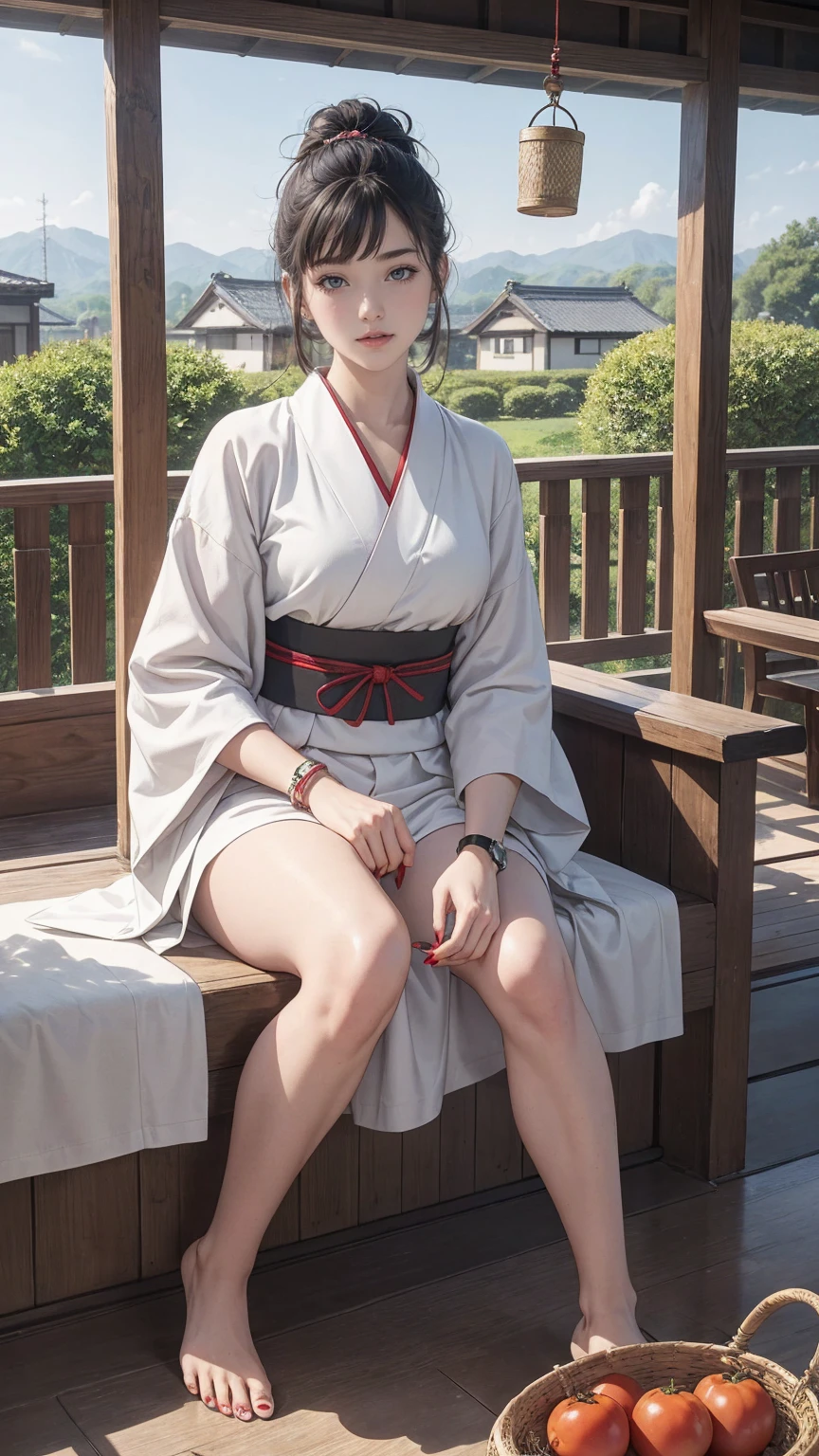 ((最high quality, 8K, masterpiece: 1.3, Ultra HD, high quality, 最high quality, High resolution, realism)) 、A stunningly beautiful 22-year-old Japanese woman、hair color is black、black eye、medium hair、straight hair、smile、Slender but well-proportioned muscular body、Athlete-like body type、I don&#39;t want my head to disappear from the screen.、Wearing accessories on your wrist、Wearing red nail polish、I have a peticure、Sitting on the veranda of a Japanese house in the Japanese countryside、It&#39;s summer、A wind chime is hung in front of the eaves.、barefoot、There is a basket full of tomatoes and carrots on the veranda.、The basket is made of woven bamboo strips、A courtyard spreads out in front of the verandah.、There is a well with a hand pump in the courtyard.、wear a yukata