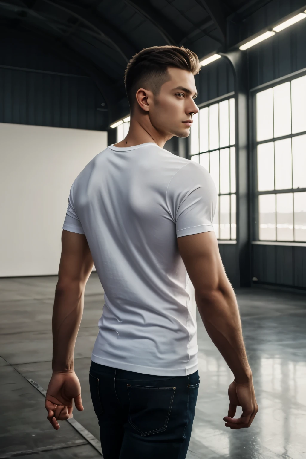 masterpiece, real photo, realistic, masterpiece, foto, studio, male man, young, slim, white t-shirt, posing with back to camera, in a hangar, dark light, smooth lighting, t-shirt, normal t-shirt, backwards to camera, matte material, matte fabric