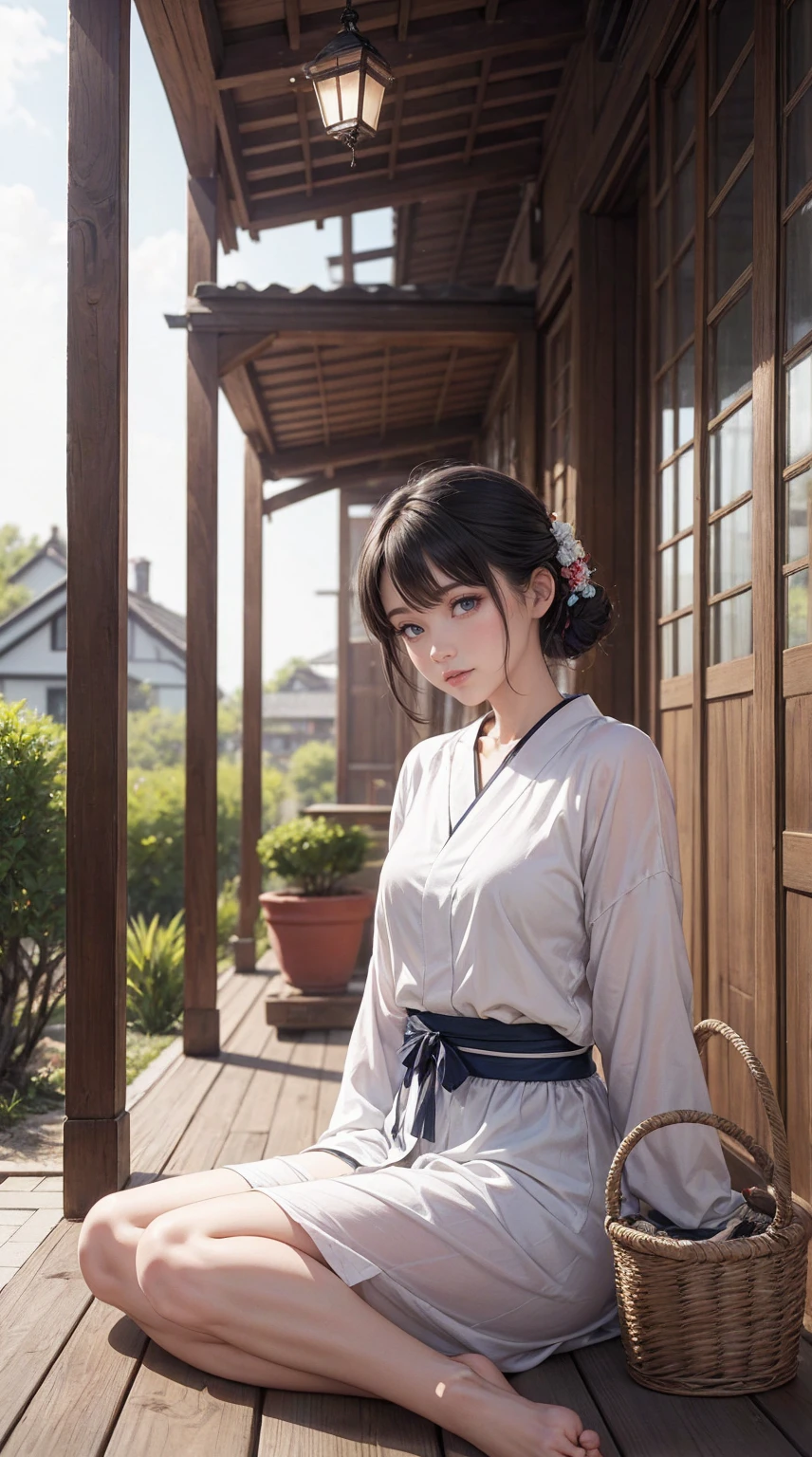 ((最high quality, 8K, masterpiece: 1.3, Ultra HD, high quality, 最high quality, High resolution, realism)) 、A stunningly beautiful 22-year-old Japanese woman、hair color is black、black eye、medium hair、straight hair、smile、Slender but well-proportioned muscular body、Athlete-like body type、I don&#39;t want my head to disappear from the screen.、Wearing accessories on your wrist、Wearing red nail polish、I have a peticure、Sitting on the veranda of a Japanese house in the Japanese countryside、It&#39;s summer、A wind chime is hung in front of the eaves.、barefoot、There is a basket full of tomatoes and carrots on the veranda.、The basket is made of woven bamboo strips、A courtyard spreads out in front of the verandah.、There is a well with a hand pump in the courtyard.、wear a yukata