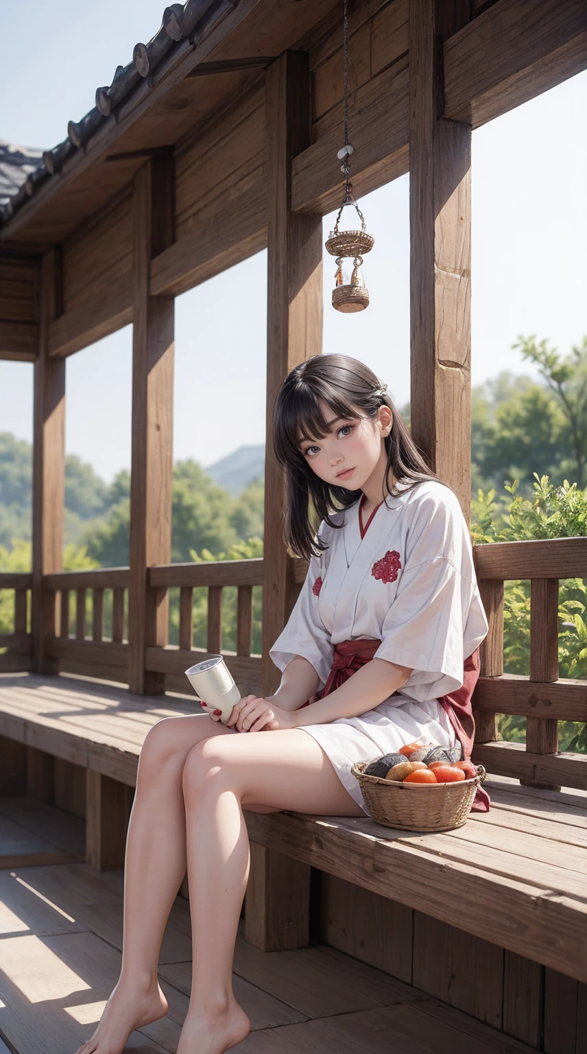((最high quality, 8K, masterpiece: 1.3, Ultra HD, high quality, 最high quality, High resolution, realism)) 、A stunningly beautiful 22-year-old Japanese woman、hair color is black、black eye、medium hair、straight hair、smile、Slender but well-proportioned muscular body、Athlete-like body type、I don't want my head to disappear from the screen.、Wearing accessories on your wrist、Wearing red nail polish、I have a peticure、Sitting on the veranda of a Japanese house in the Japanese countryside、It's summer、A wind chime is hung in front of the eaves.、barefoot、There is a basket full of tomatoes and carrots on the veranda.、The basket is made of woven bamboo strips、A courtyard spreads out in front of the verandah.、There is a well with a hand pump in the courtyard.、wear a yukata