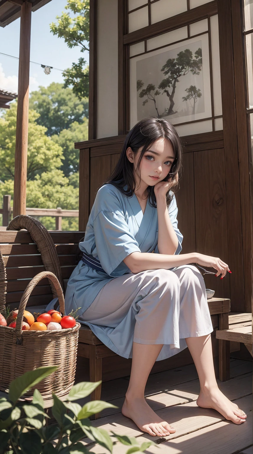 ((最high quality, 8K, masterpiece: 1.3, Ultra HD, high quality, 最high quality, High resolution, realism)) 、A stunningly beautiful 22-year-old Japanese woman、hair color is black、black eye、medium hair、straight hair、smile、Slender but well-proportioned muscular body、Athlete-like body type、I don't want my head to disappear from the screen.、Wearing accessories on your wrist、Wearing red nail polish、I have a peticure、Sitting on the veranda of a Japanese house in the Japanese countryside、It's summer、A wind chime is hung in front of the eaves.、barefoot、There is a basket full of tomatoes and carrots on the veranda.、The basket is made of woven bamboo strips、A courtyard spreads out in front of the verandah.、There is a well with a hand pump in the courtyard.、wear a yukata