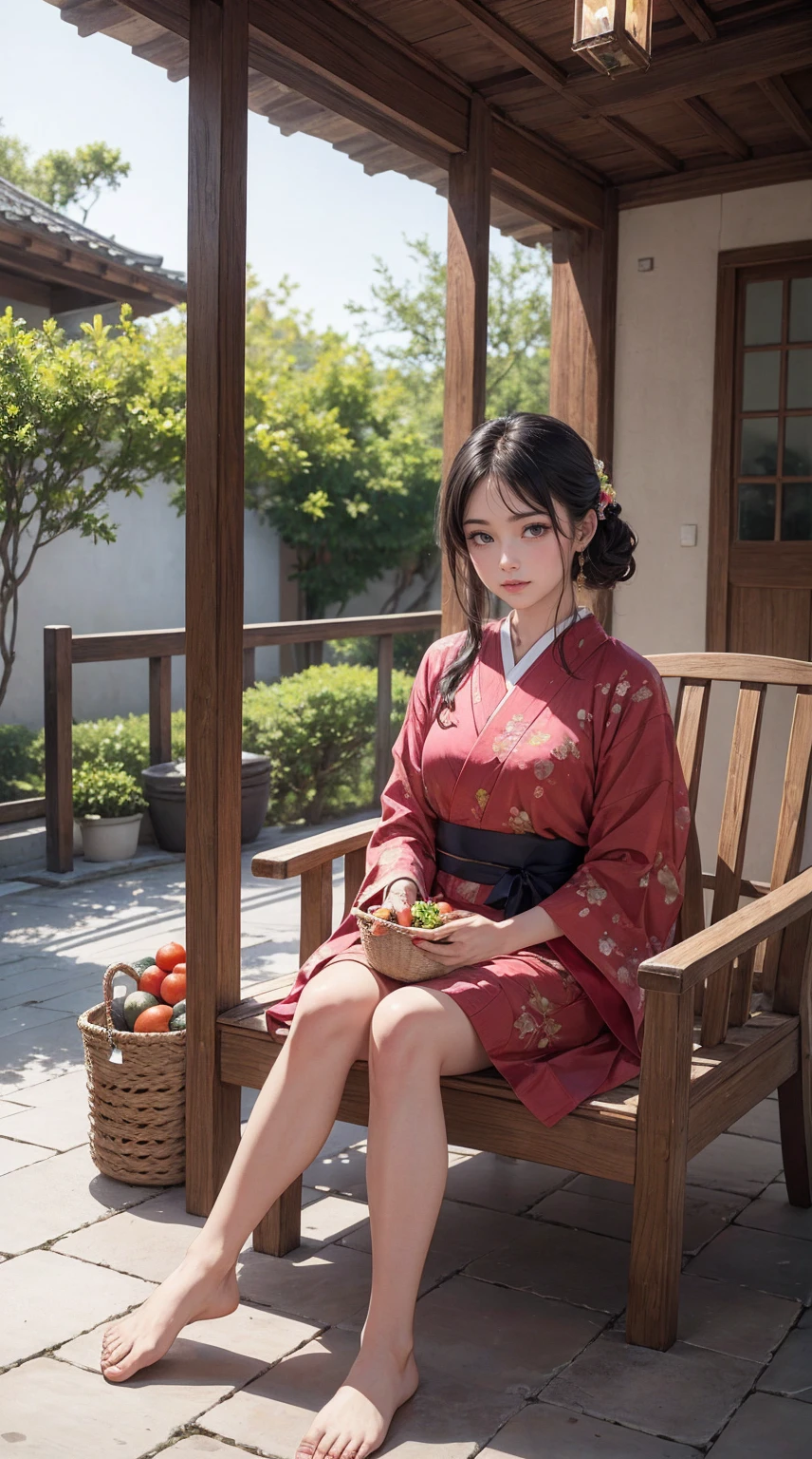 ((最high quality, 8K, masterpiece: 1.3, Ultra HD, high quality, 最high quality, High resolution, realism)) 、A stunningly beautiful 22-year-old Japanese woman、hair color is black、black eye、medium hair、straight hair、smile、Slender but well-proportioned muscular body、Athlete-like body type、I don't want my head to disappear from the screen.、Wearing accessories on your wrist、Wearing red nail polish、I have a peticure、Sitting on the veranda of a Japanese house in the Japanese countryside、It's summer、A wind chime is hung in front of the eaves.、barefoot、There is a basket full of tomatoes and carrots on the veranda.、The basket is made of woven bamboo strips、A courtyard spreads out in front of the verandah.、There is a well with a hand pump in the courtyard.、wear a yukata
