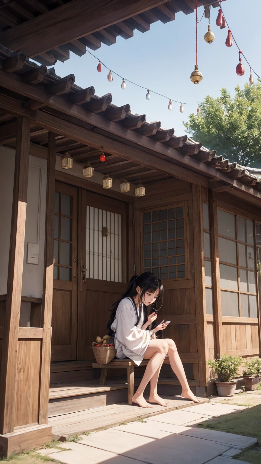 ((最high quality, 8K, masterpiece: 1.3, Ultra HD, high quality, 最high quality, High resolution, realism)) 、A stunningly beautiful 22-year-old Japanese woman、hair color is black、black eye、medium hair、straight hair、smile、Slender but well-proportioned muscular body、Athlete-like body type、I don't want my head to disappear from the screen.、Wearing accessories on your wrist、Wearing red nail polish、I have a peticure、Sitting on the veranda of a Japanese house in the Japanese countryside、It's summer、A wind chime is hung in front of the eaves.、barefoot、There is a basket full of tomatoes and carrots on the veranda.、The basket is made of woven bamboo strips、A courtyard spreads out in front of the verandah.、There is a well with a hand pump in the courtyard.、wear a yukata