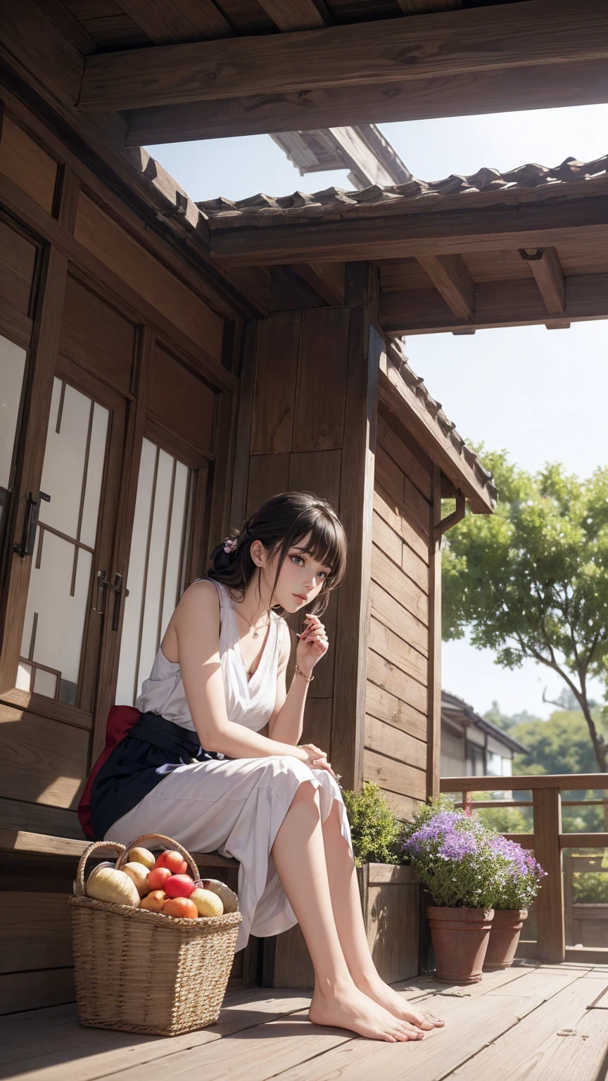 ((最high quality, 8K, masterpiece: 1.3, Ultra HD, high quality, 最high quality, High resolution, realism)) 、A stunningly beautiful 22-year-old Japanese woman、hair color is black、black eye、medium hair、straight hair、smile、Slender but well-proportioned muscular body、Athlete-like body type、I don't want my head to disappear from the screen.、Wearing accessories on your wrist、Wearing red nail polish、I have a peticure、Sitting on the veranda of a Japanese house in the Japanese countryside、It's summer、A wind chime is hung in front of the eaves.、barefoot、There is a basket full of tomatoes and carrots on the veranda.、The basket is made of woven bamboo strips、A courtyard spreads out in front of the verandah.、There is a well with a hand pump in the courtyard.、wear a yukata