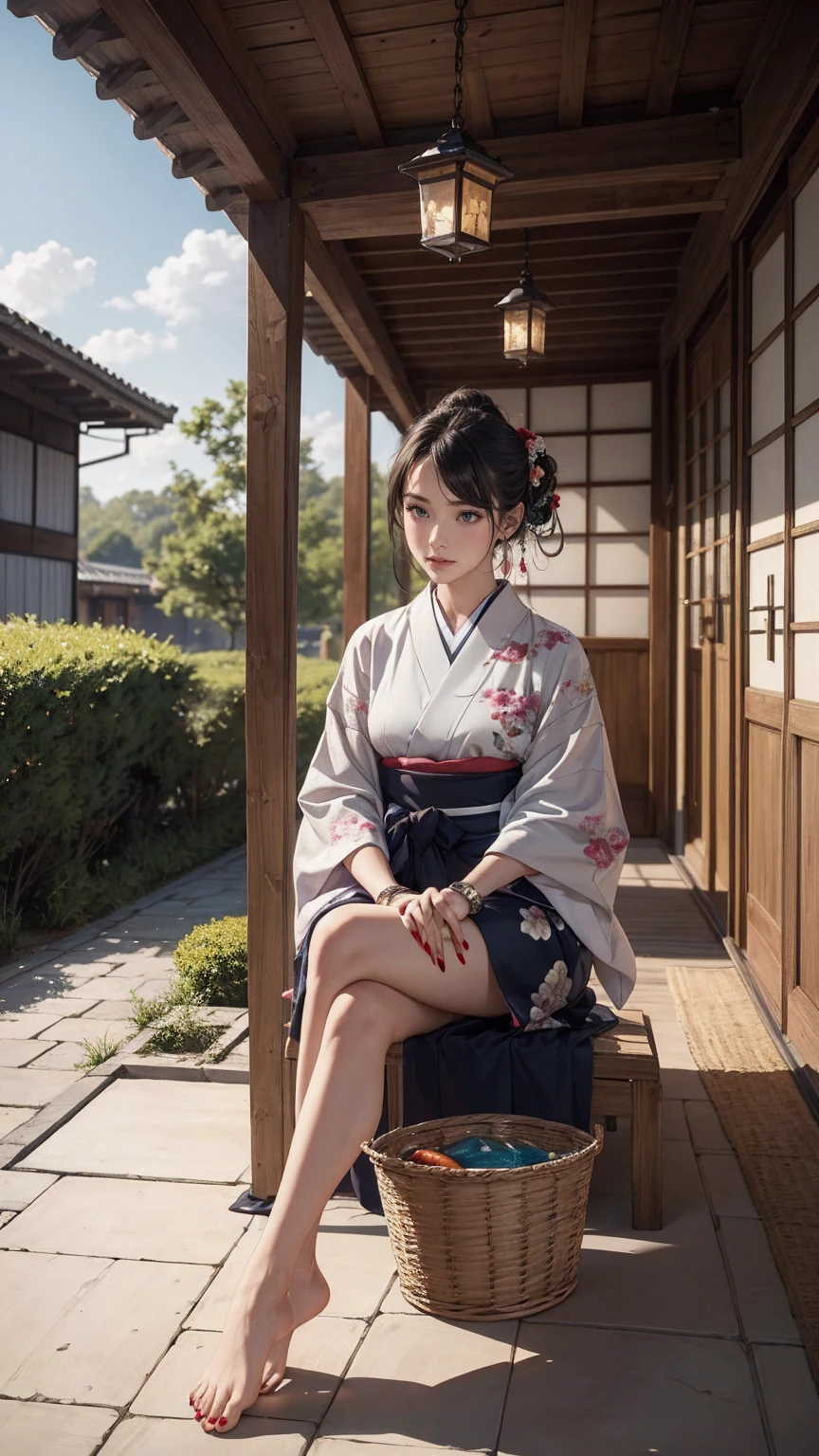 ((最high quality, 8K, masterpiece: 1.3, Ultra HD, high quality, 最high quality, High resolution, realism)) 、A stunningly beautiful 22-year-old Japanese woman、hair color is black、black eye、medium hair、straight hair、smile、Slender but well-proportioned muscular body、Athlete-like body type、I don't want my head to disappear from the screen.、Wearing accessories on your wrist、Wearing red nail polish、I have a peticure、Sitting on the veranda of a Japanese house in the Japanese countryside、It's summer、A wind chime is hung in front of the eaves.、barefoot、There is a basket full of tomatoes and carrots on the veranda.、The basket is made of woven bamboo strips、A courtyard spreads out in front of the verandah.、There is a well with a hand pump in the courtyard.、wear a yukata