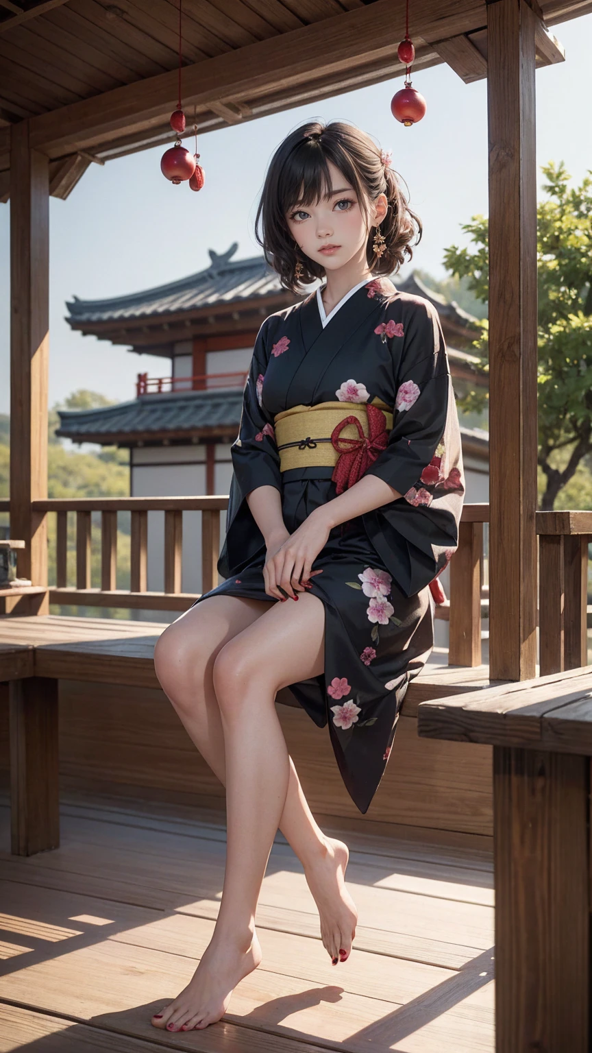 ((最high quality, 8K, masterpiece: 1.3, Ultra HD, high quality, 最high quality, High resolution, realism)) 、A stunningly beautiful 22-year-old Japanese woman、hair color is black、black eye、medium hair、straight hair、smile、Slender but well-proportioned muscular body、Athlete-like body type、I don't want my head to disappear from the screen.、Wearing accessories on your wrist、Wearing red nail polish、I have a peticure、Sitting on the veranda of a Japanese house in the Japanese countryside、It's summer、A wind chime is hung in front of the eaves.、barefoot、There is a basket full of tomatoes and carrots on the veranda.、The basket is made of woven bamboo strips、A courtyard spreads out in front of the verandah.、There is a well with a hand pump in the courtyard.、wear a yukata