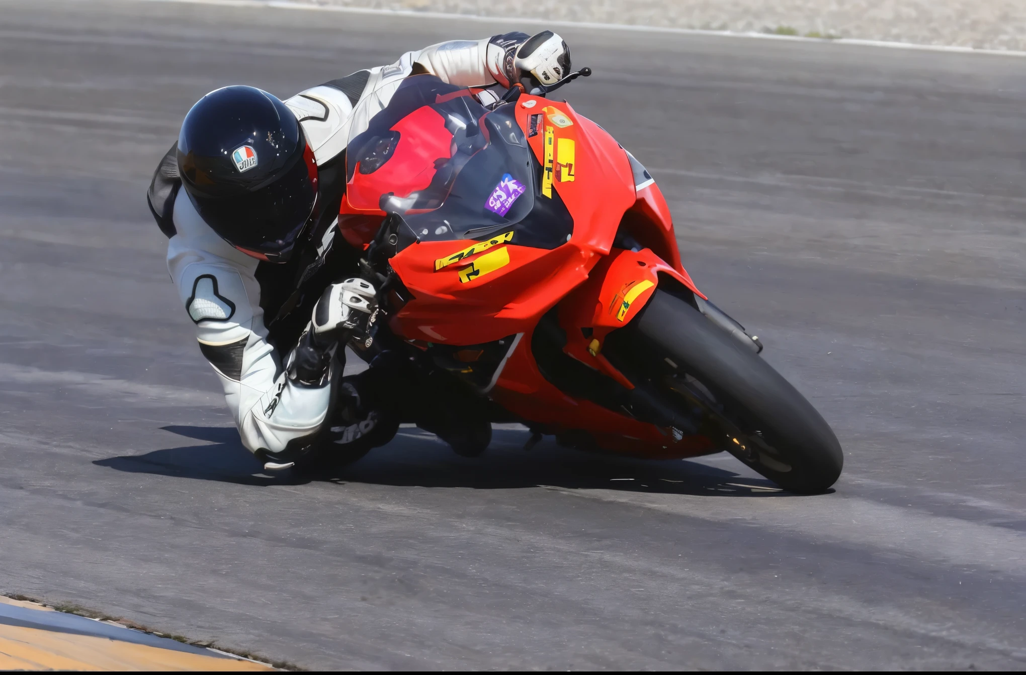 motorcycle racer leaning over on a motorcycle on a race track, photo - shot, racing, photo shot, panning shot, profile shot, lorenzo lanfranconi, akira moto, at racer track, wheelie, huge ducati panigrale motorbike, stefano tamburini, race, high speed action, motorbike, on a racetrack, on a street race track